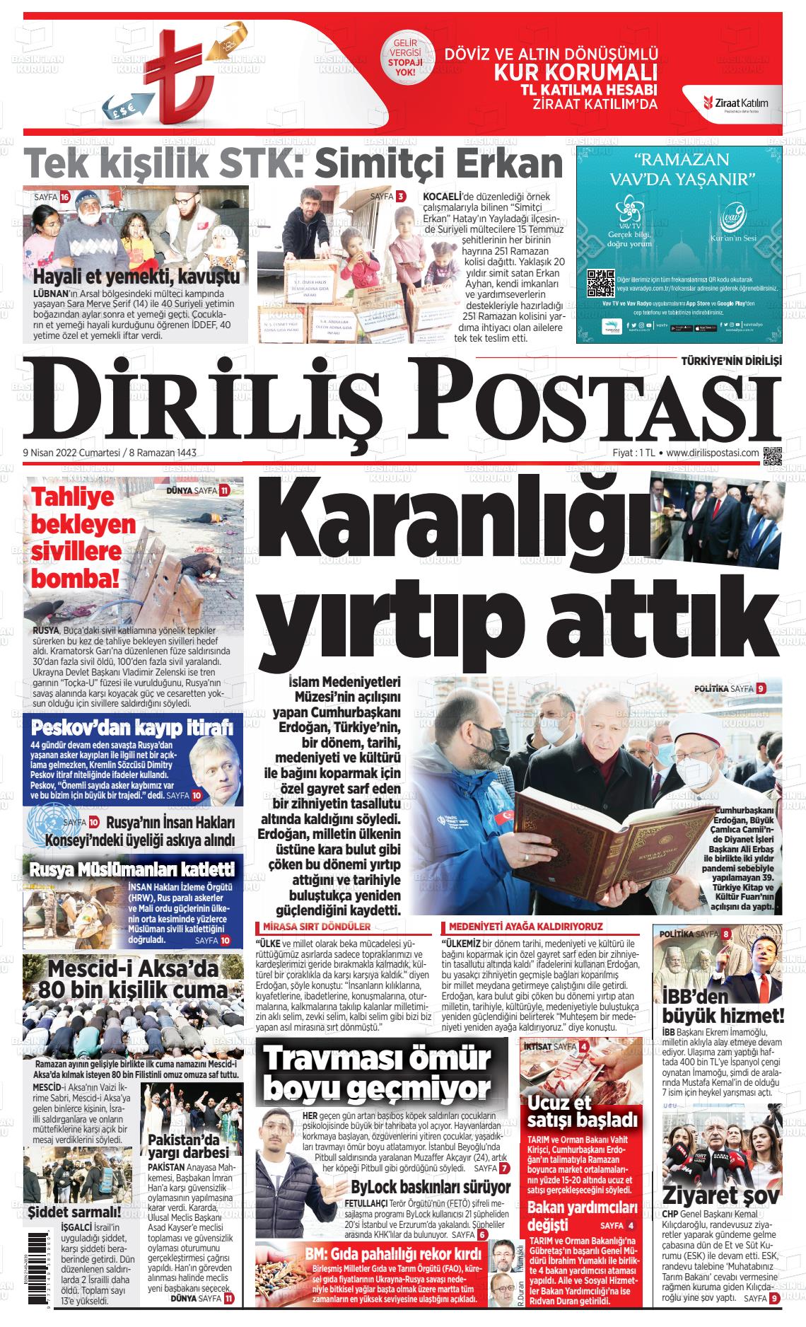 09 Nisan 2022 Diriliş Postası Gazete Manşeti