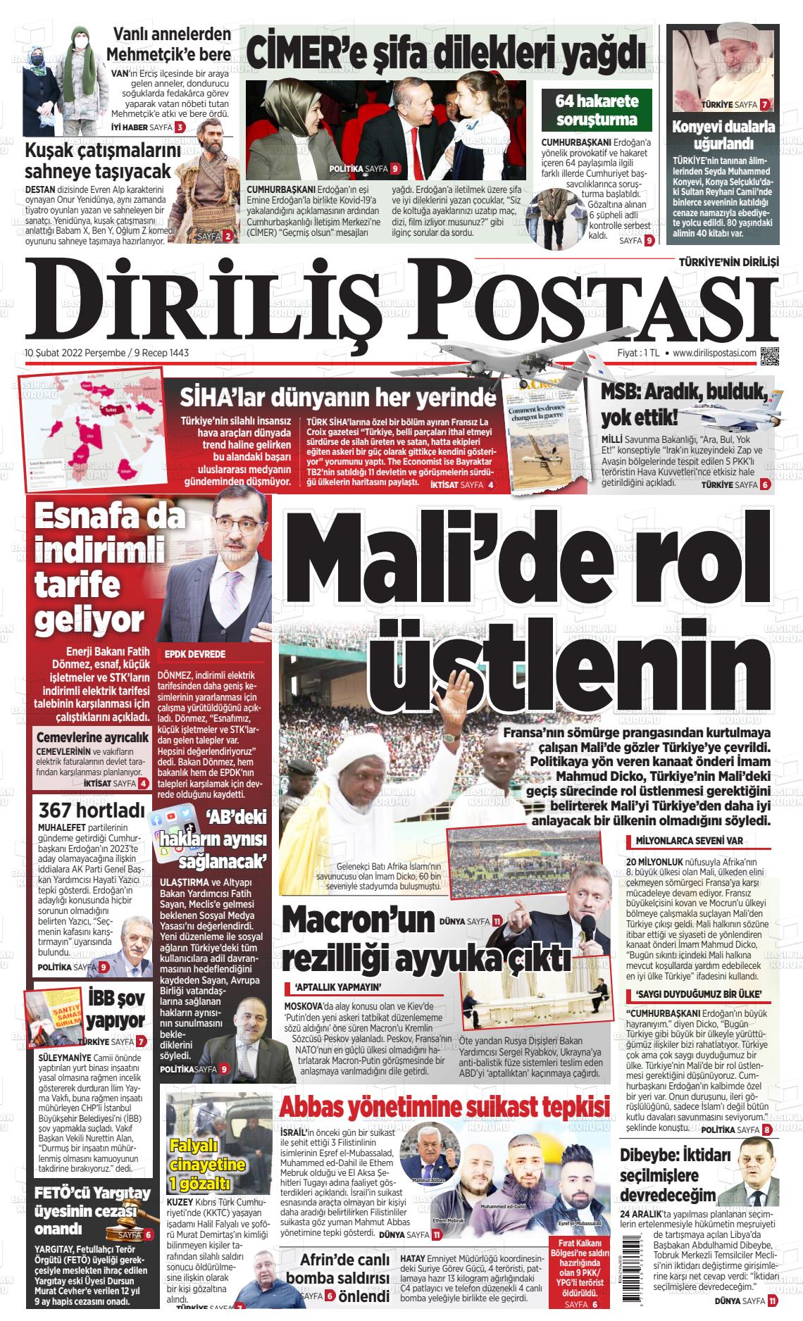 10 Şubat 2022 Diriliş Postası Gazete Manşeti