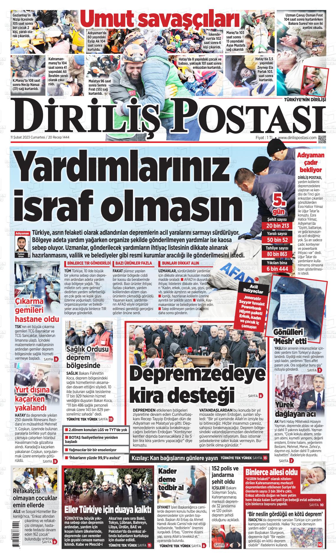 11 Şubat 2023 Diriliş Postası Gazete Manşeti