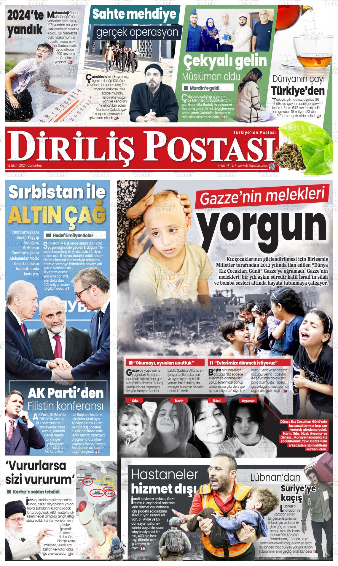 12 Ekim 2024 Diriliş Postası Gazete Manşeti