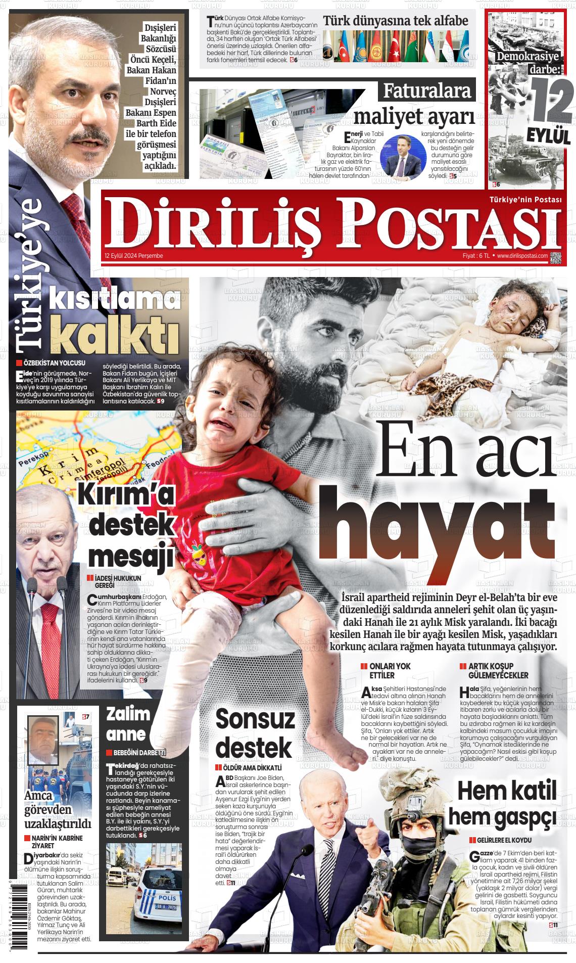 12 Eylül 2024 Diriliş Postası Gazete Manşeti