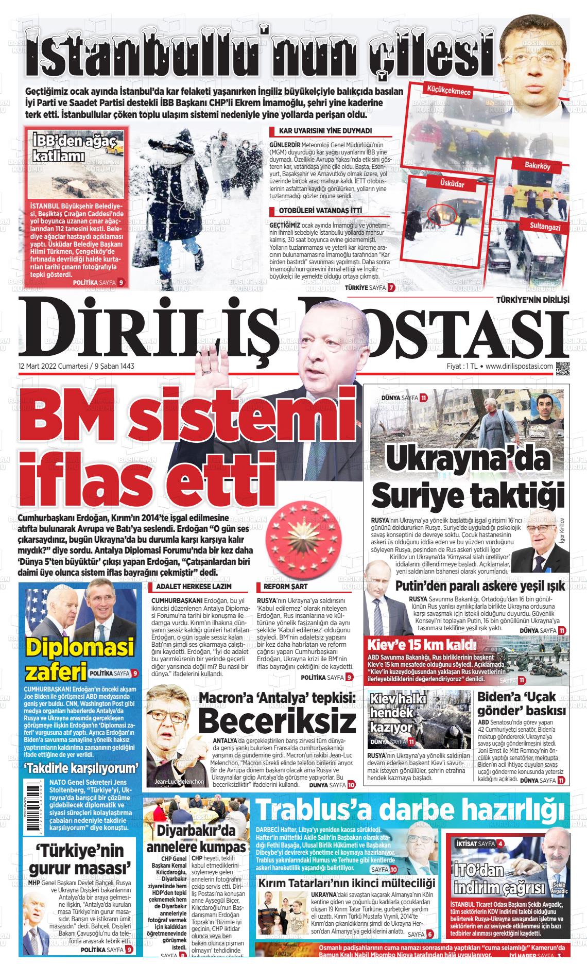 12 Mart 2022 Diriliş Postası Gazete Manşeti