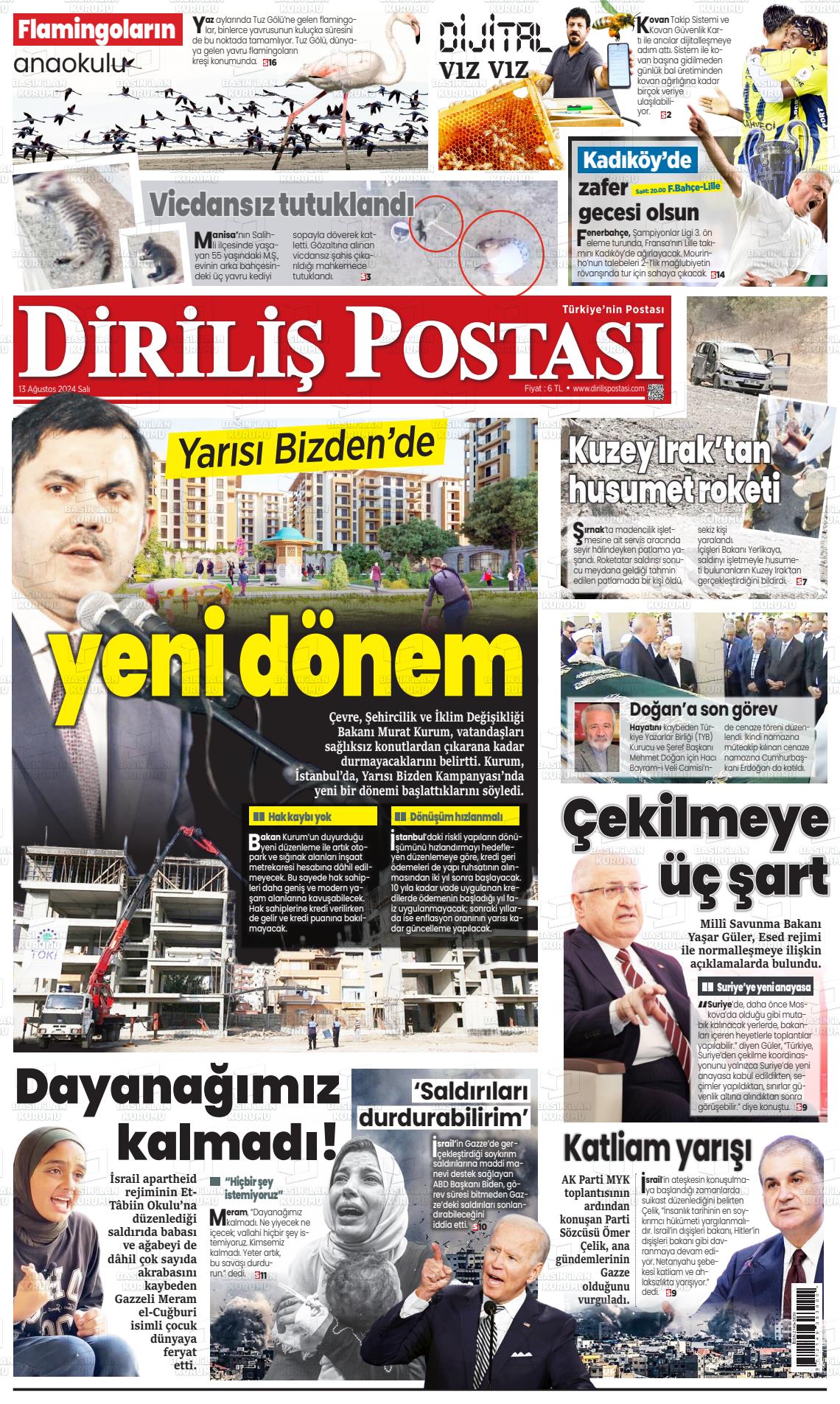 13 Ağustos 2024 Diriliş Postası Gazete Manşeti