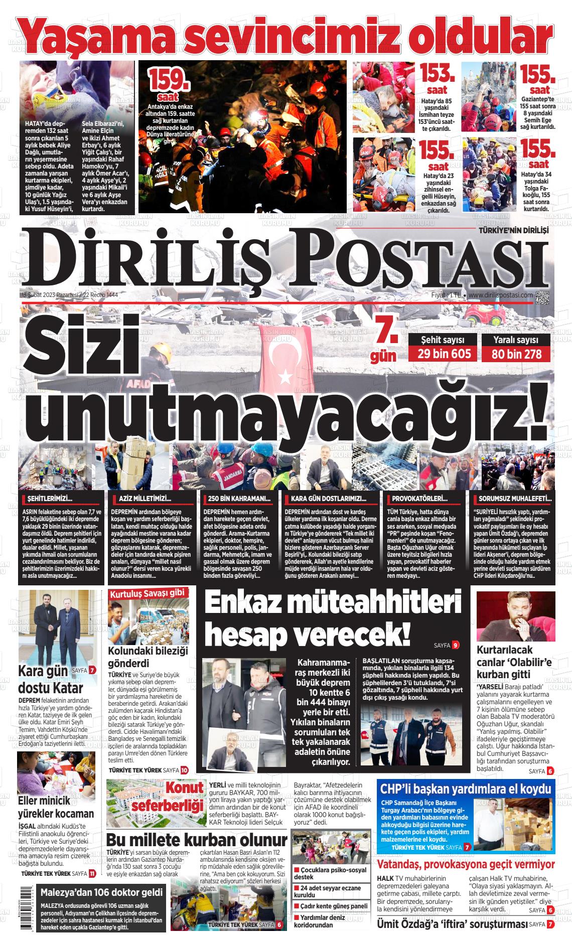 13 Şubat 2023 Diriliş Postası Gazete Manşeti