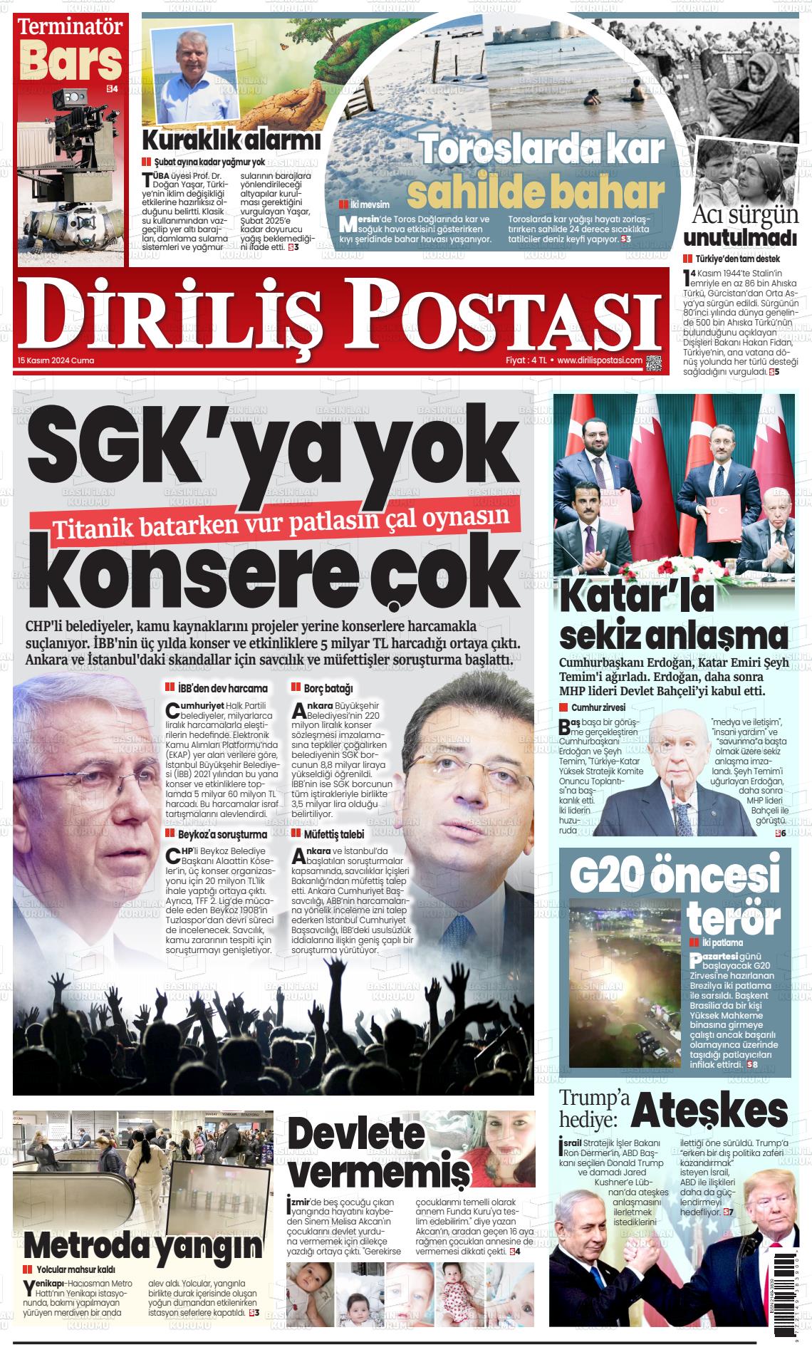 15 Kasım 2024 Diriliş Postası Gazete Manşeti