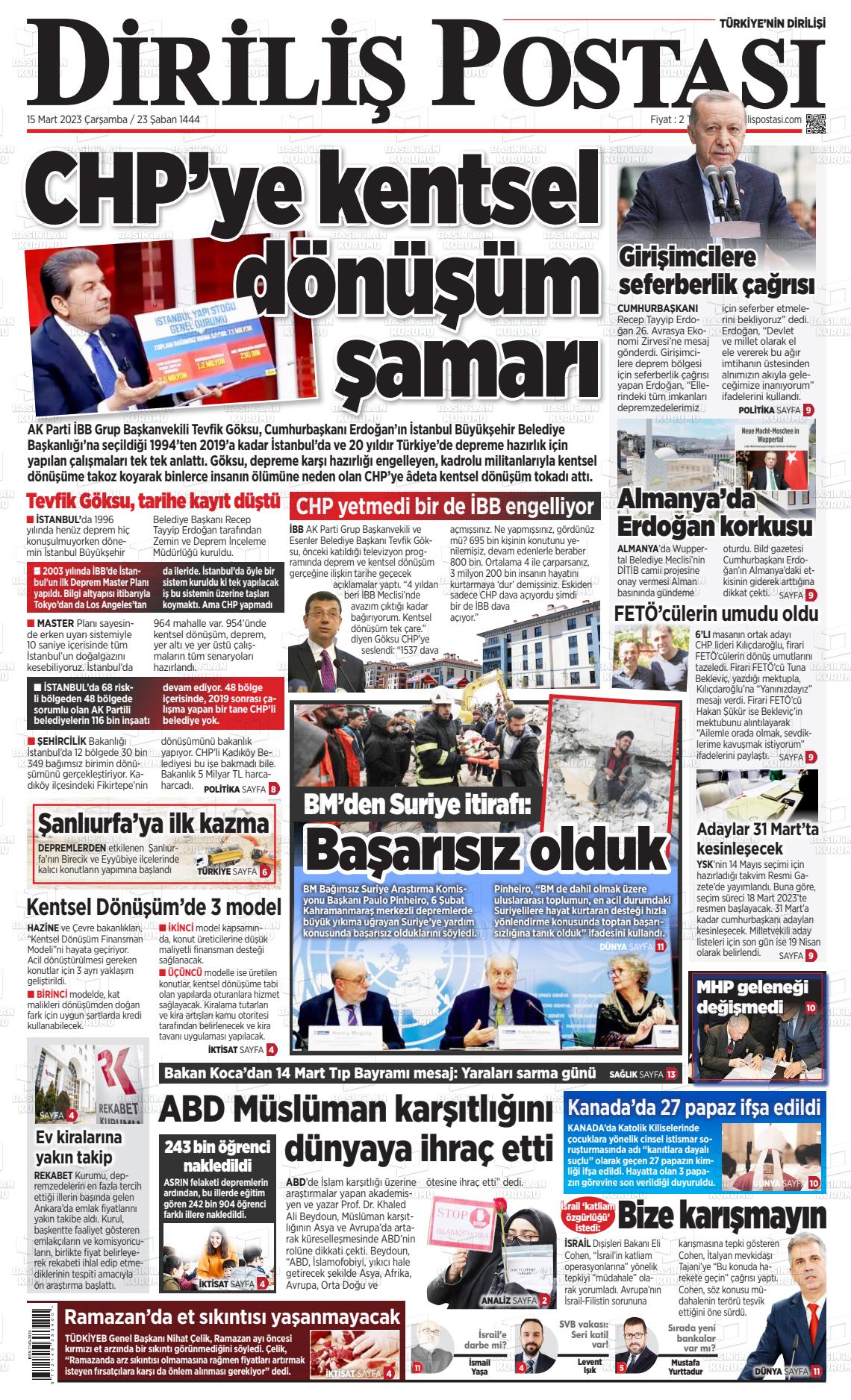 15 Mart 2023 Diriliş Postası Gazete Manşeti