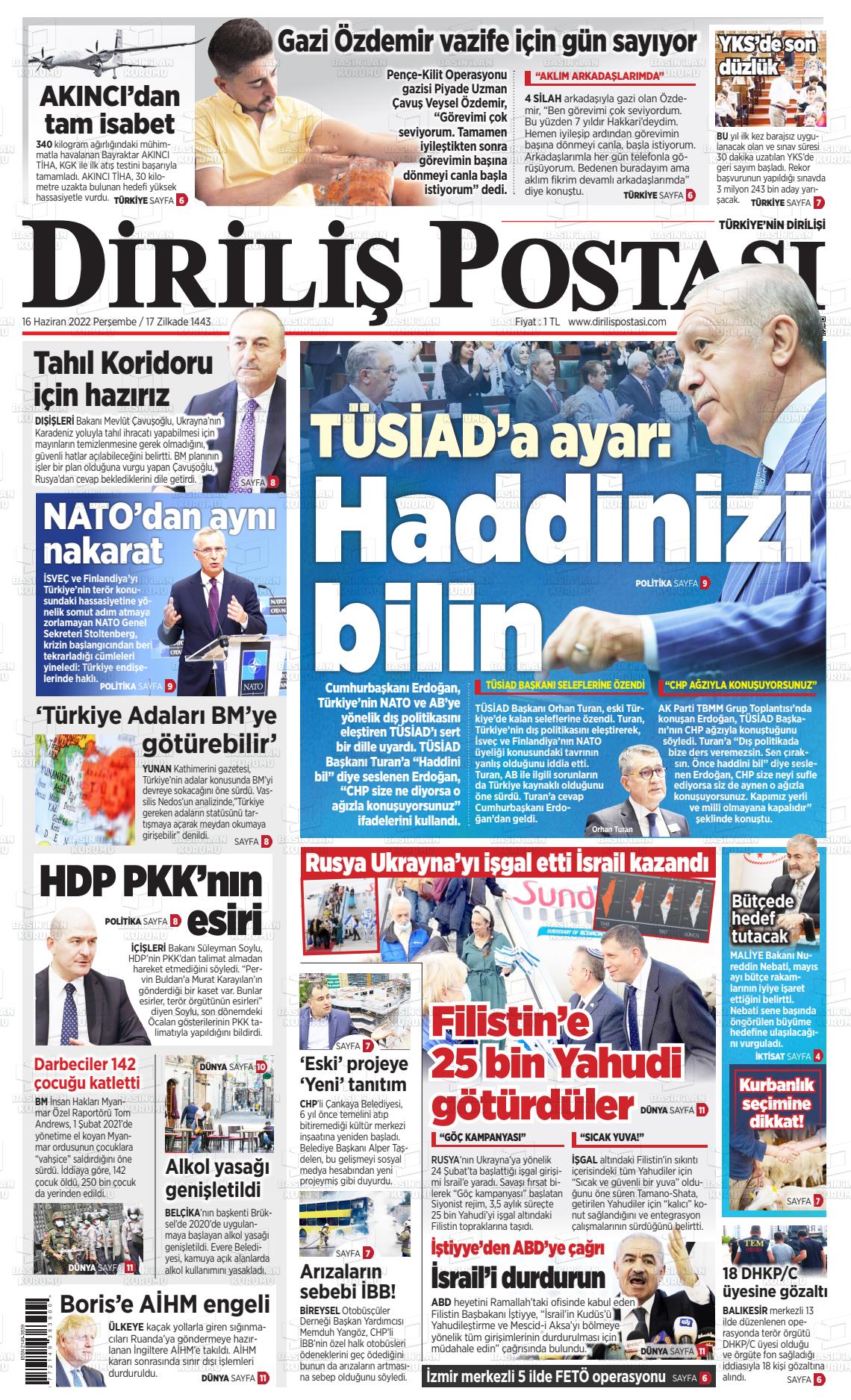 16 Haziran 2022 Diriliş Postası Gazete Manşeti