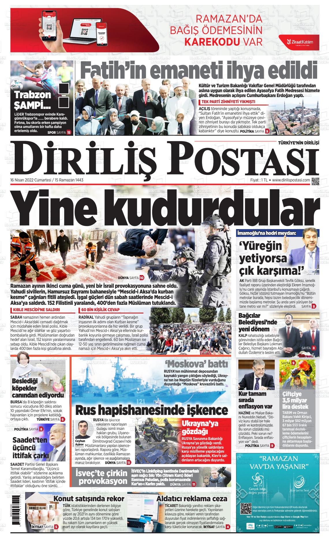 16 Nisan 2022 Diriliş Postası Gazete Manşeti