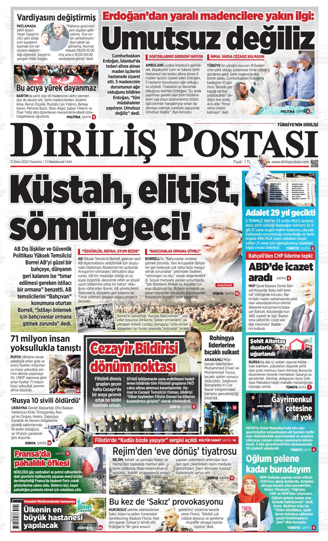 17 Ekim 2022 Diriliş Postası Gazete Manşeti