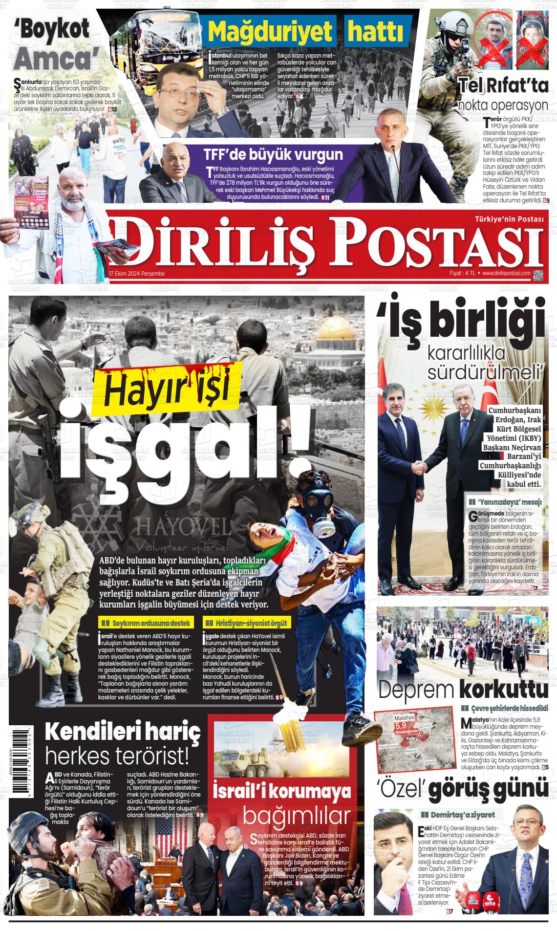 17 Ekim 2024 Diriliş Postası Gazete Manşeti