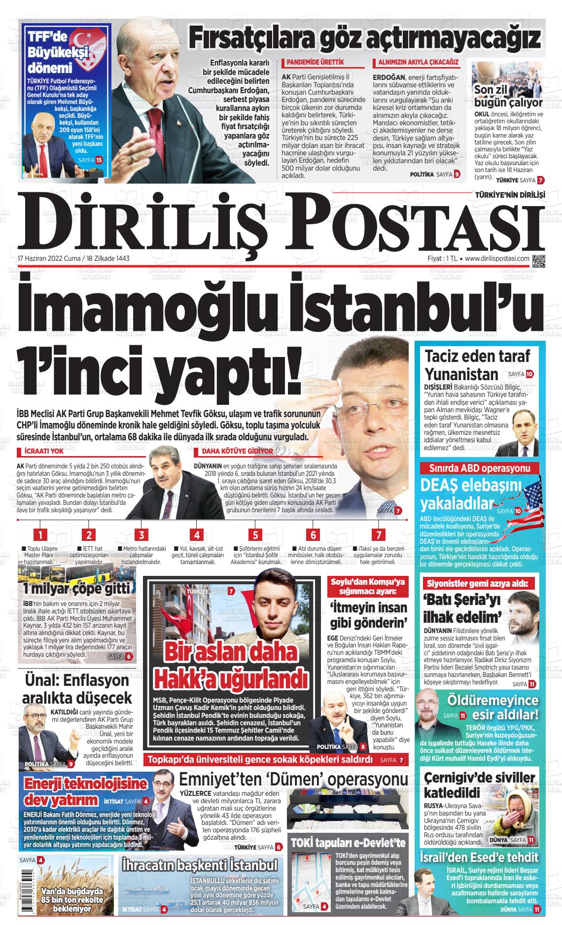 17 Haziran 2022 Diriliş Postası Gazete Manşeti