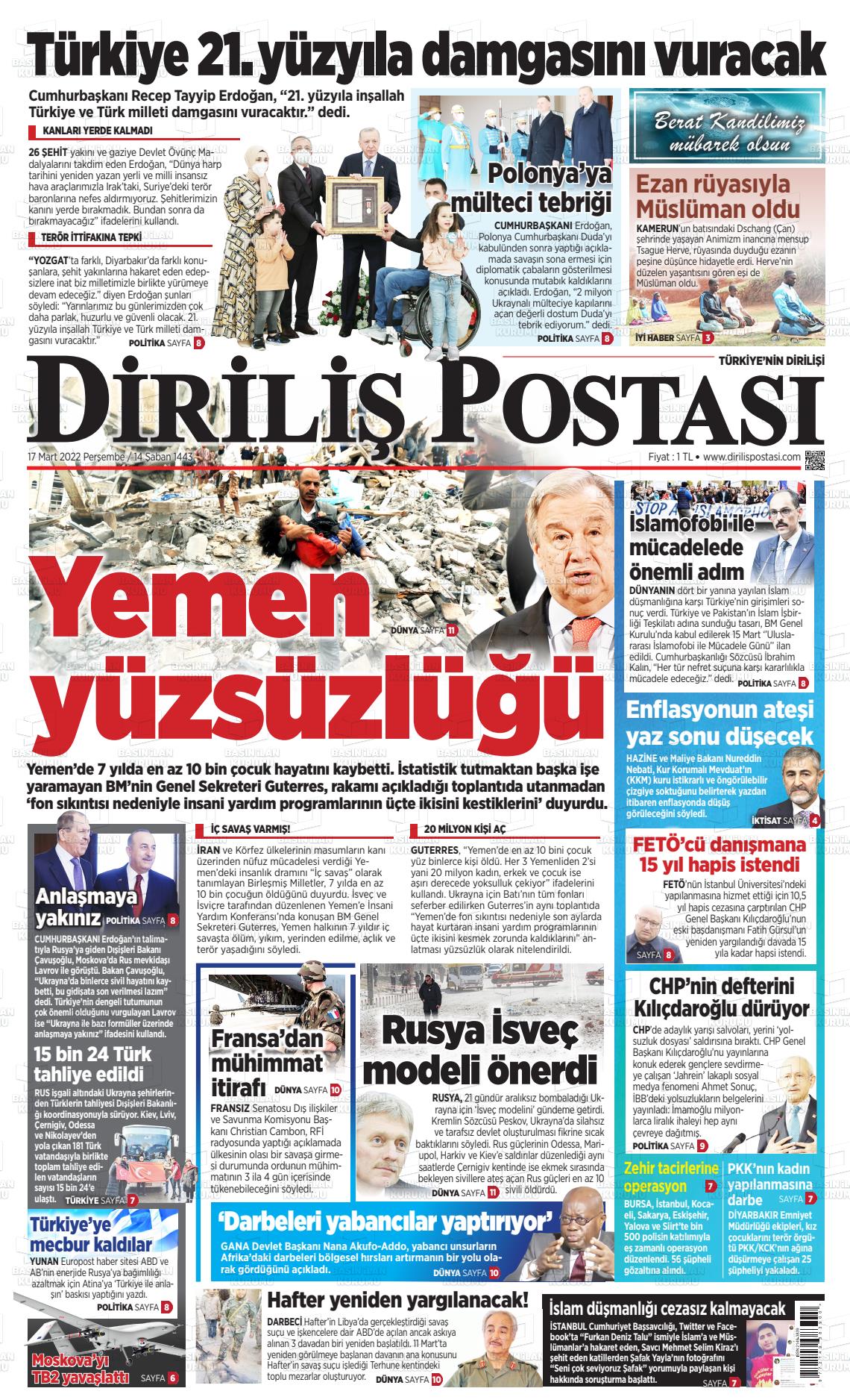 17 Mart 2022 Diriliş Postası Gazete Manşeti