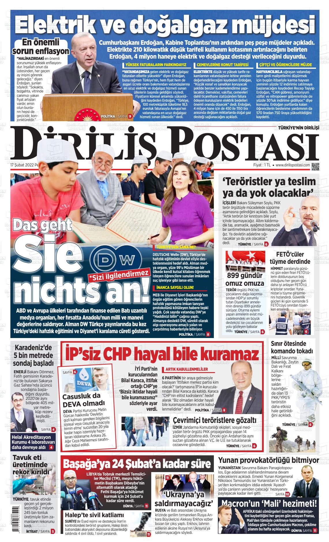 17 Şubat 2022 Diriliş Postası Gazete Manşeti