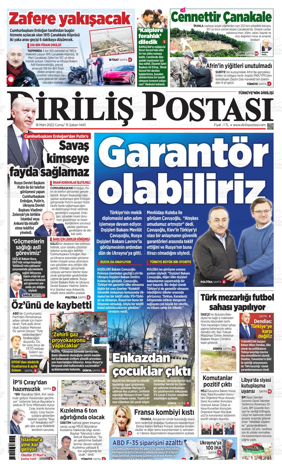 18 Mart 2022 Diriliş Postası Gazete Manşeti