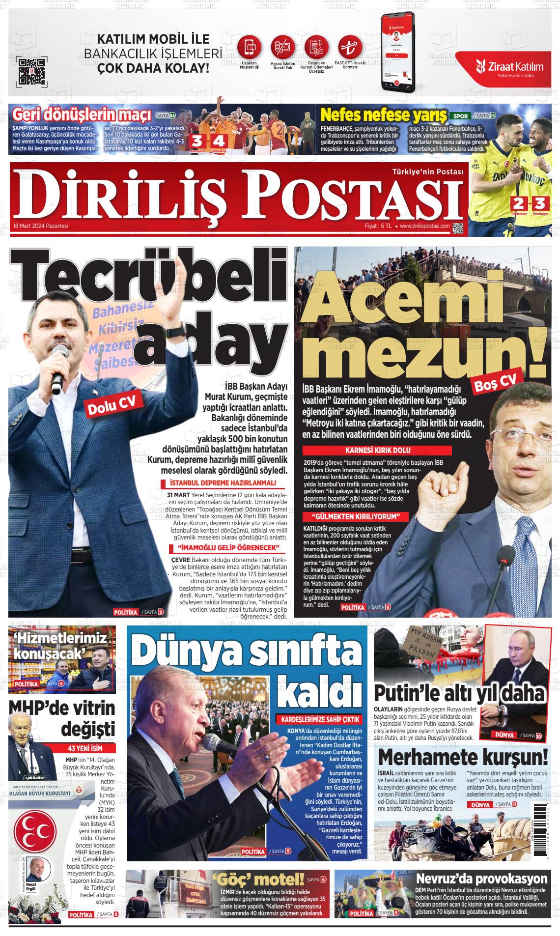 18 Mart 2024 Diriliş Postası Gazete Manşeti