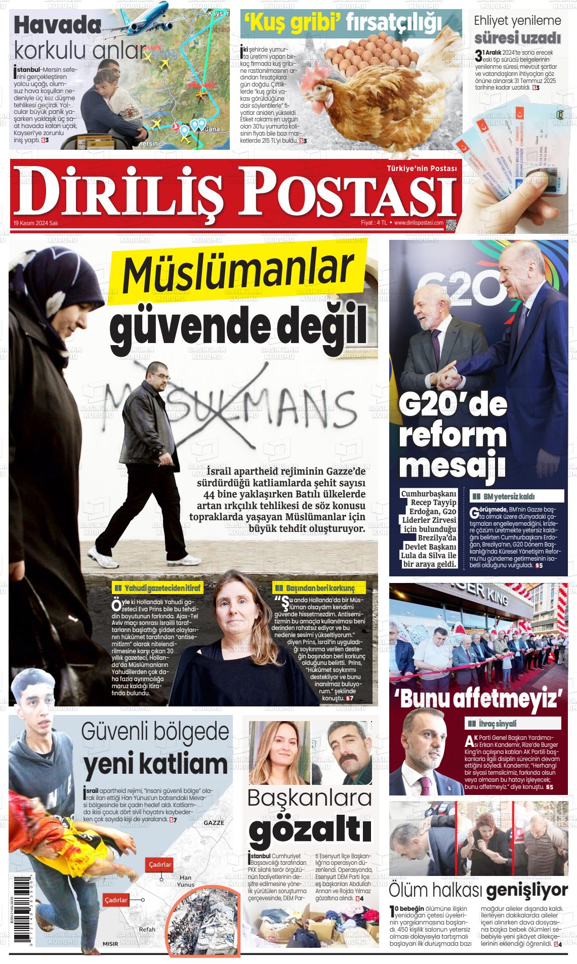 19 Kasım 2024 Diriliş Postası Gazete Manşeti