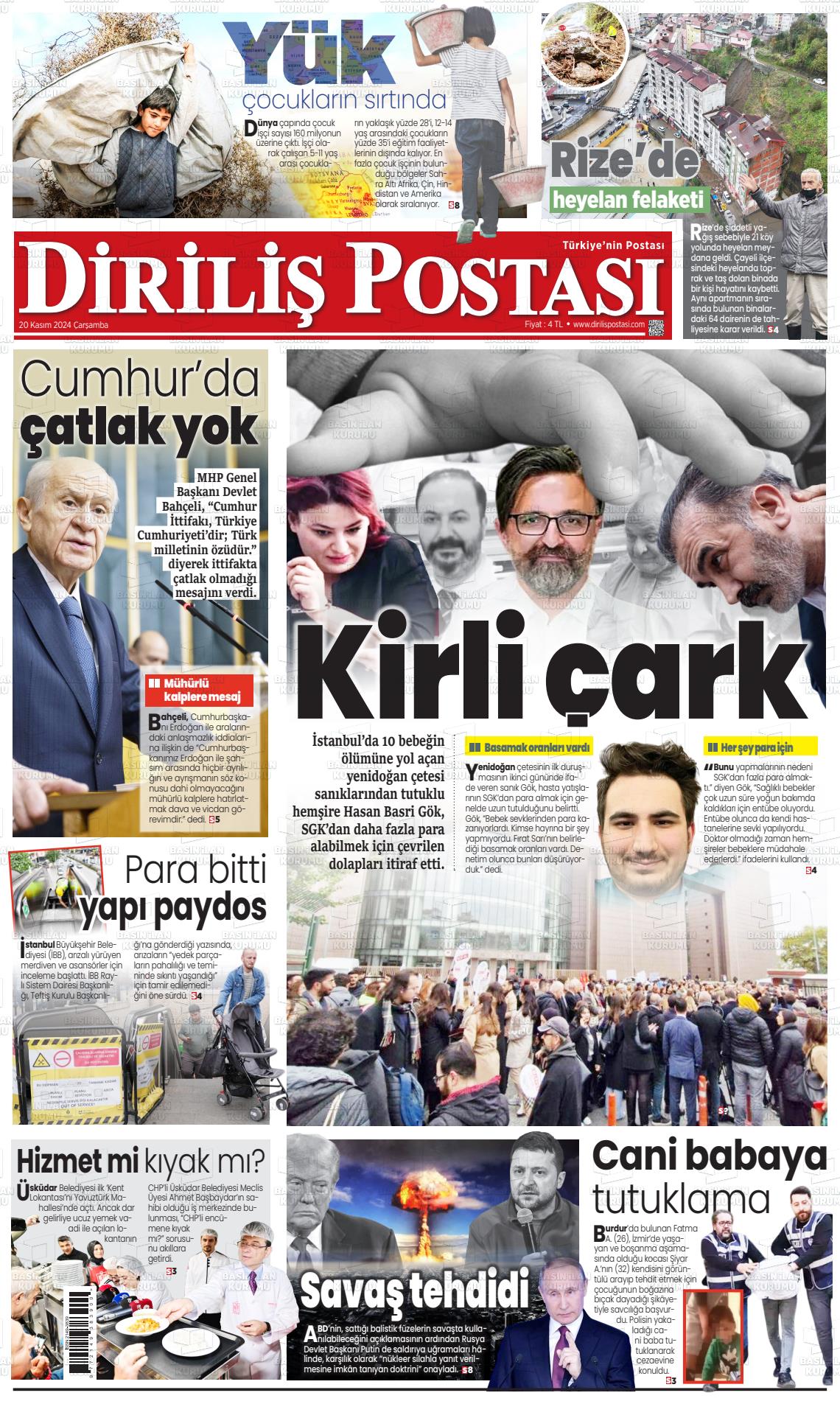 20 Kasım 2024 Diriliş Postası Gazete Manşeti