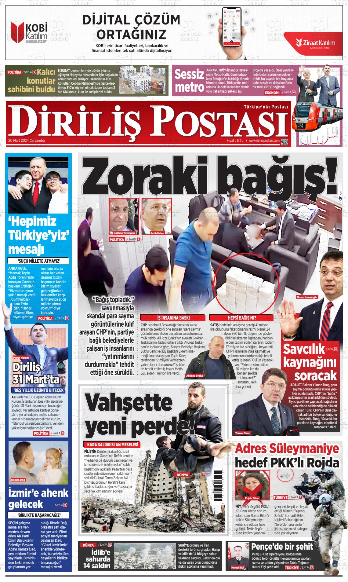 20 Mart 2024 Diriliş Postası Gazete Manşeti