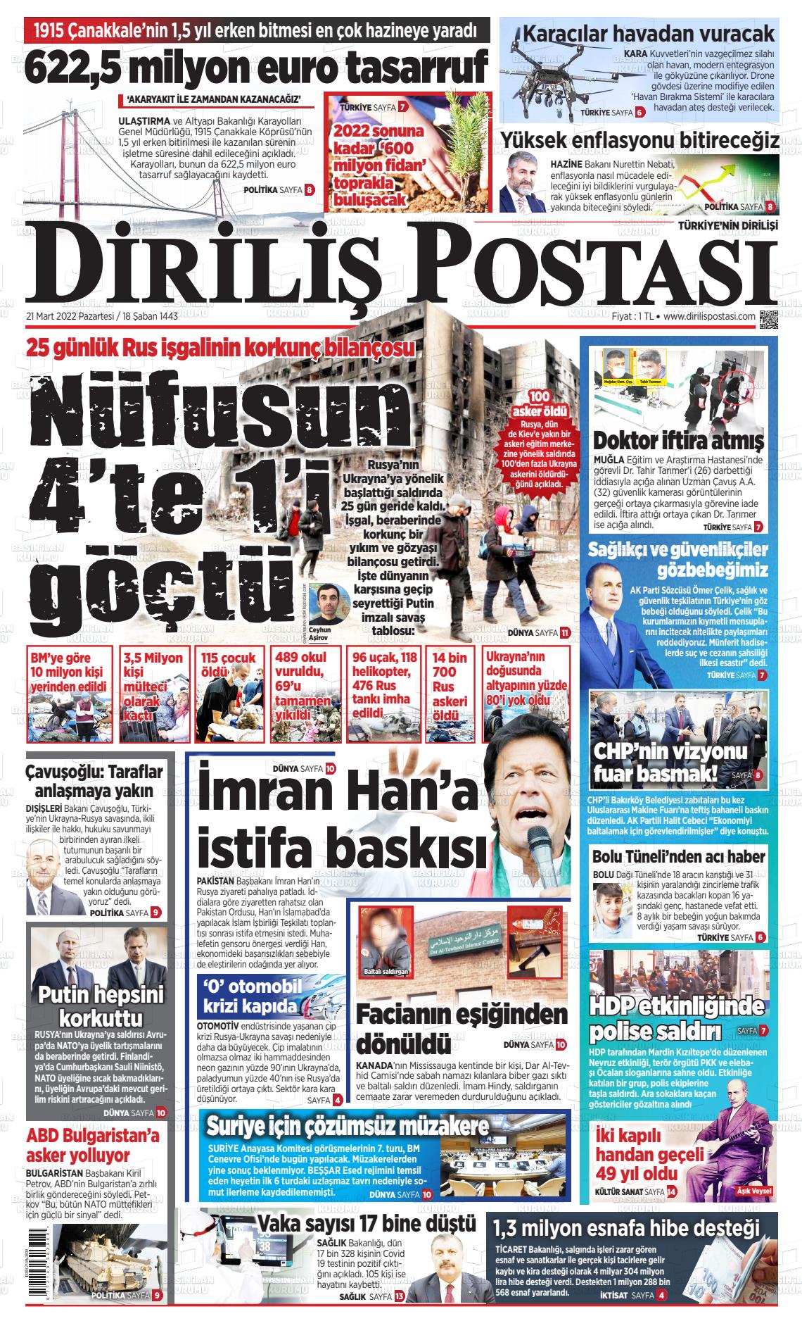 21 Mart 2022 Diriliş Postası Gazete Manşeti