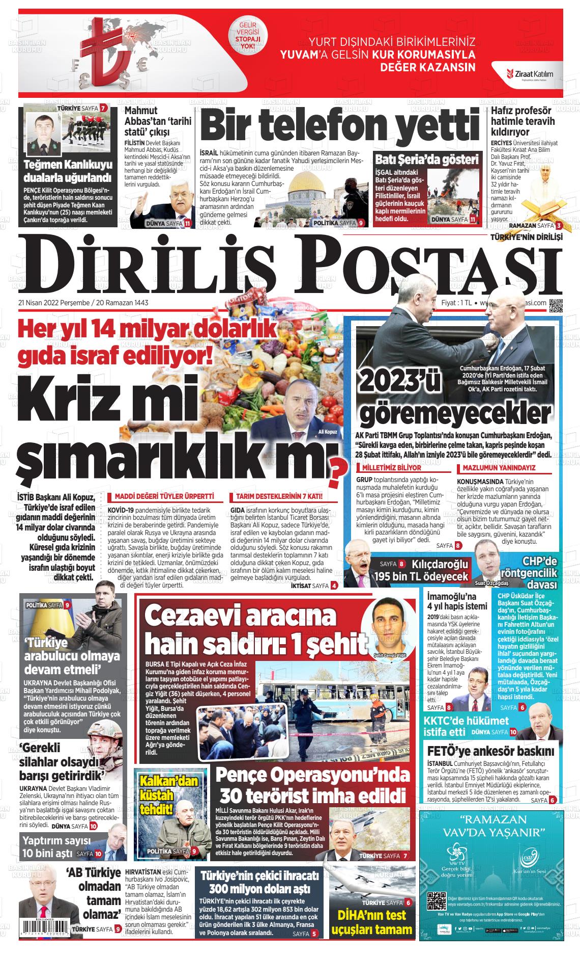 21 Nisan 2022 Diriliş Postası Gazete Manşeti