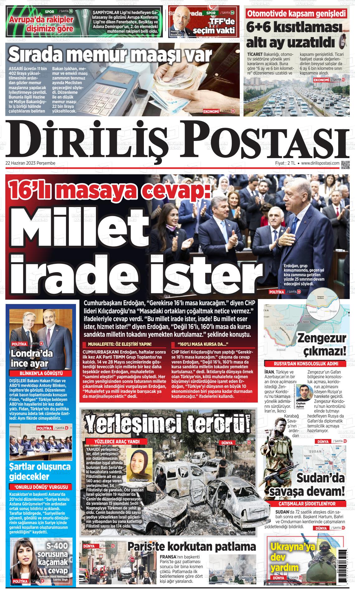 22 Haziran 2023 Diriliş Postası Gazete Manşeti