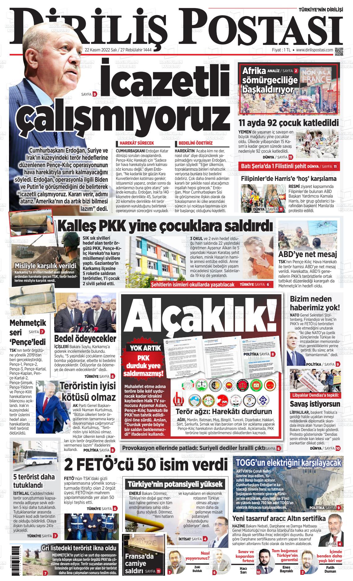 22 Kasım 2022 Diriliş Postası Gazete Manşeti