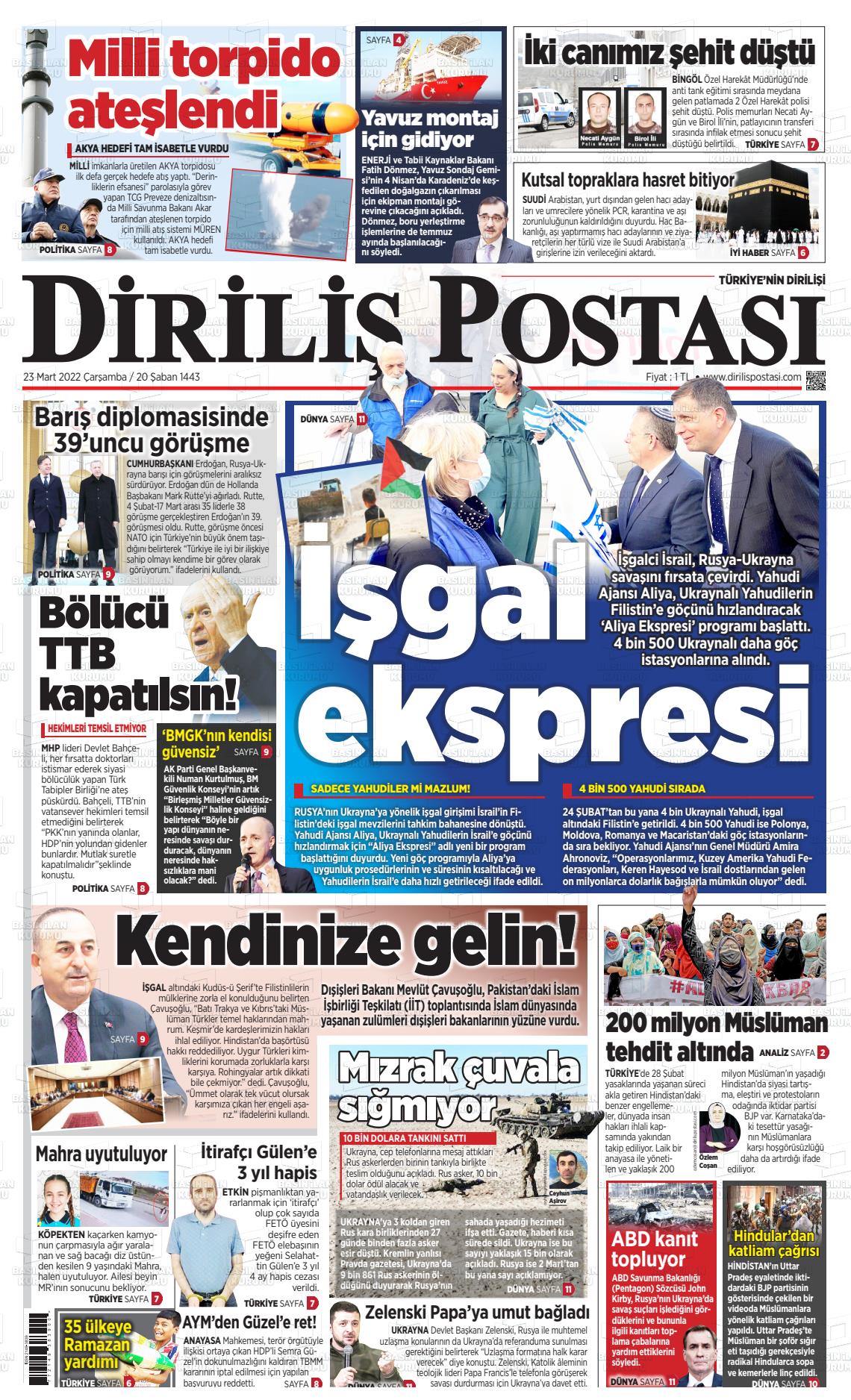 23 Mart 2022 Diriliş Postası Gazete Manşeti