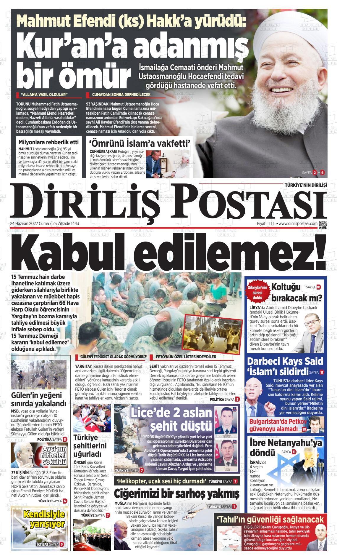 24 Haziran 2022 Diriliş Postası Gazete Manşeti