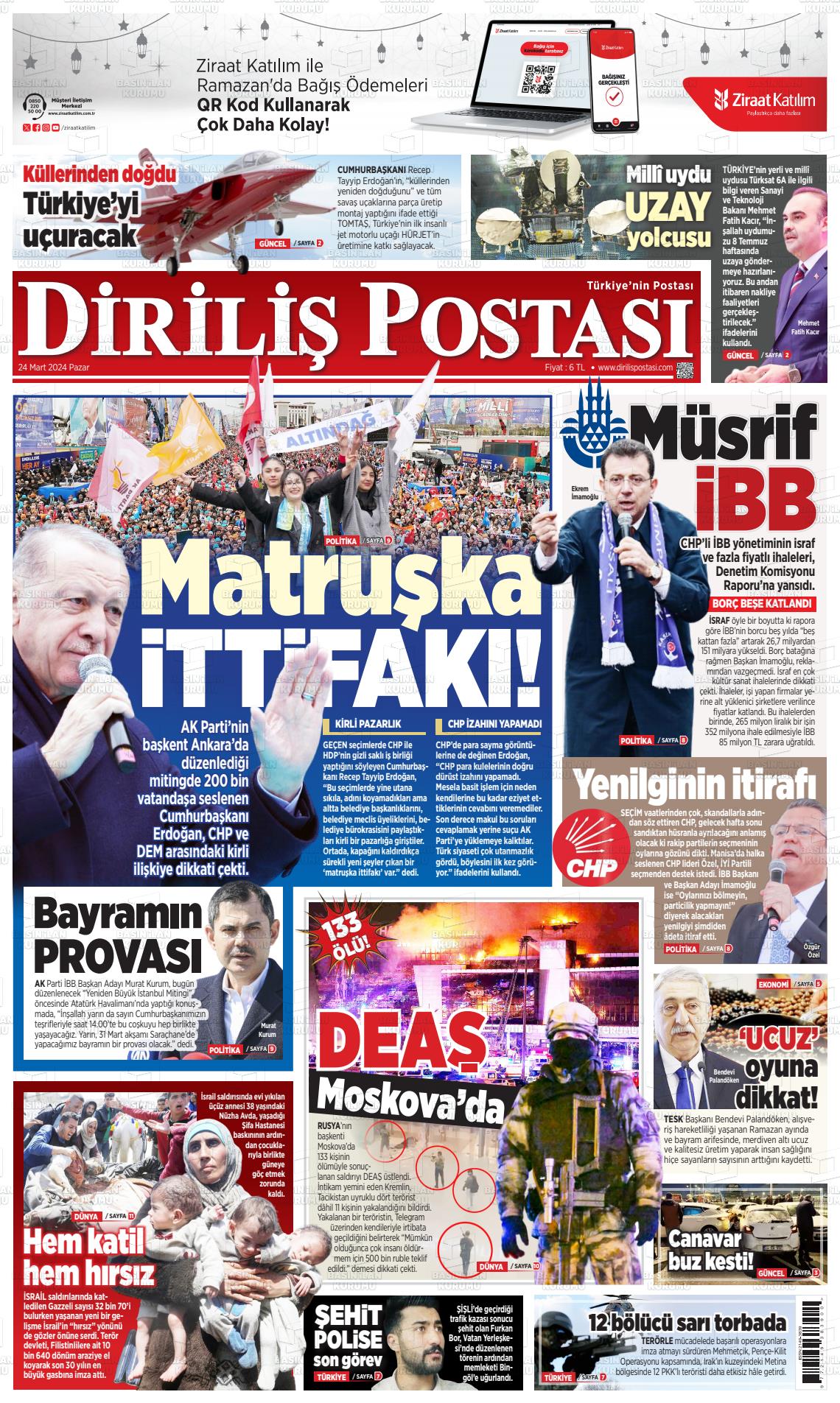 24 Mart 2024 Diriliş Postası Gazete Manşeti