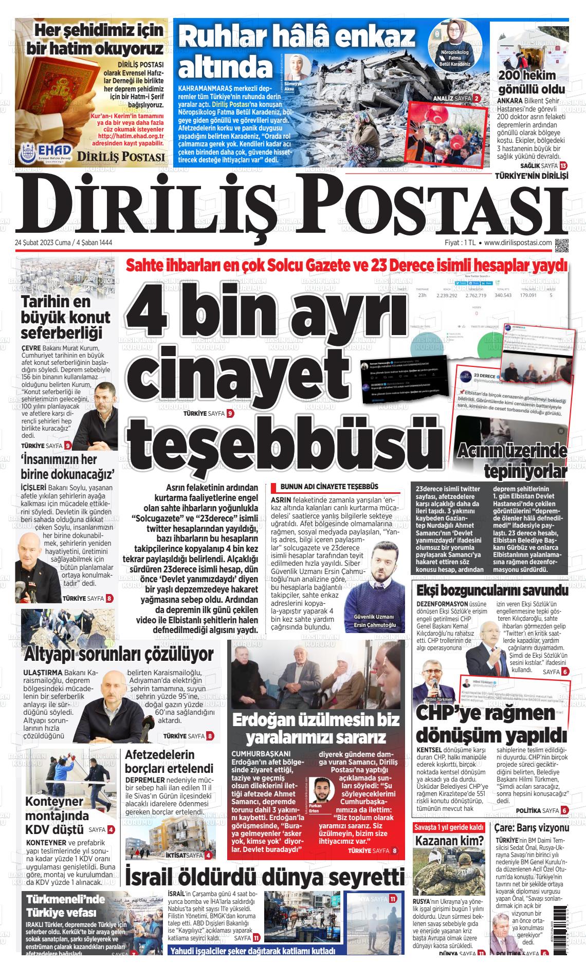 24 Şubat 2023 Diriliş Postası Gazete Manşeti