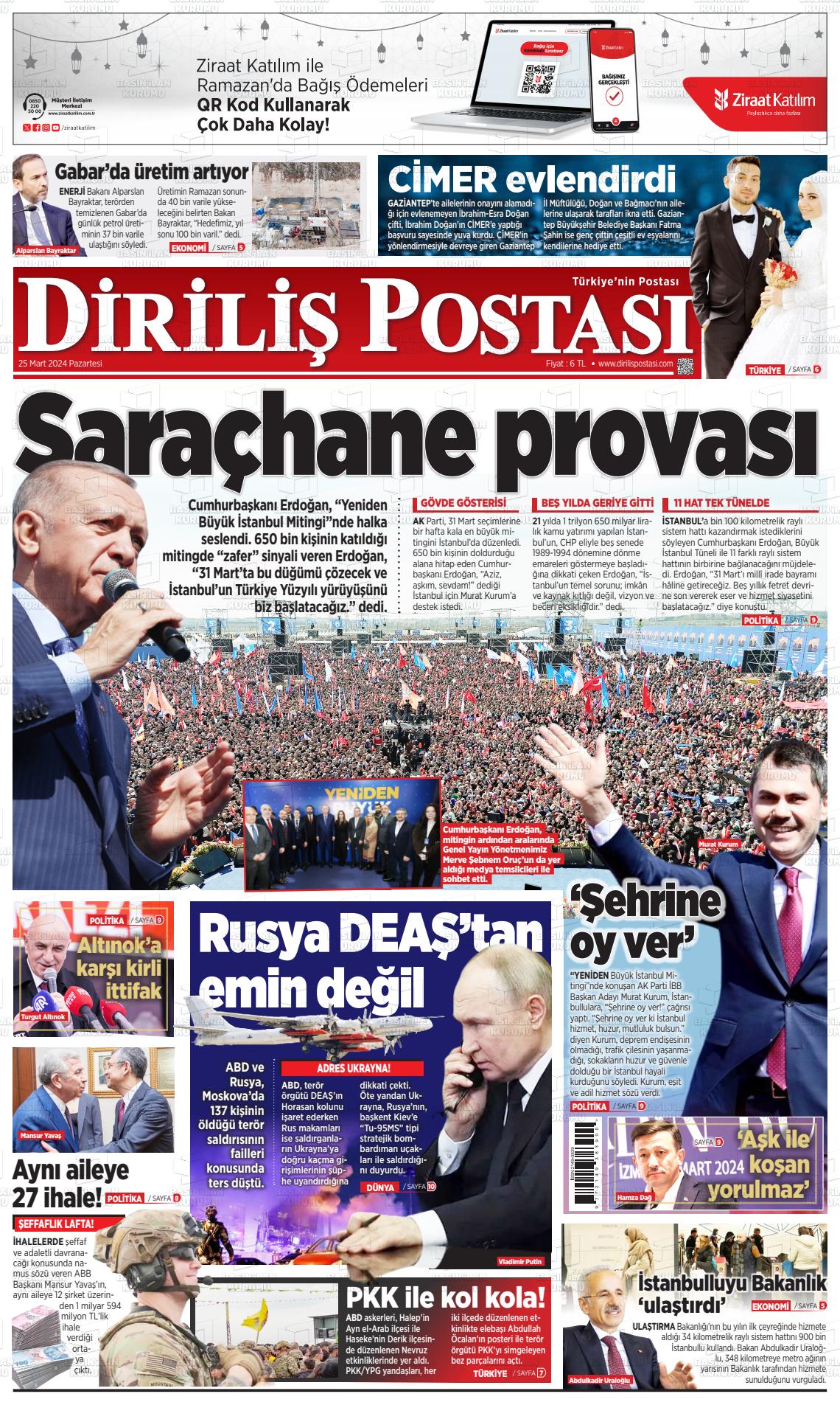 25 Mart 2024 Diriliş Postası Gazete Manşeti