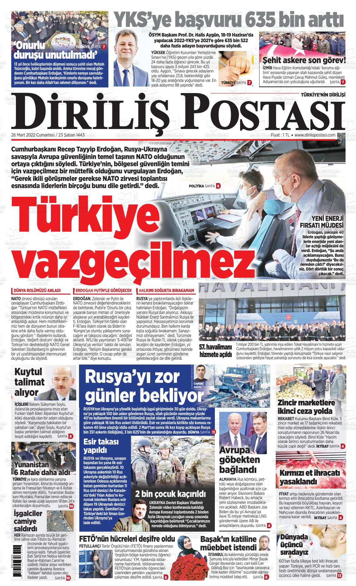 26 Mart 2022 Diriliş Postası Gazete Manşeti