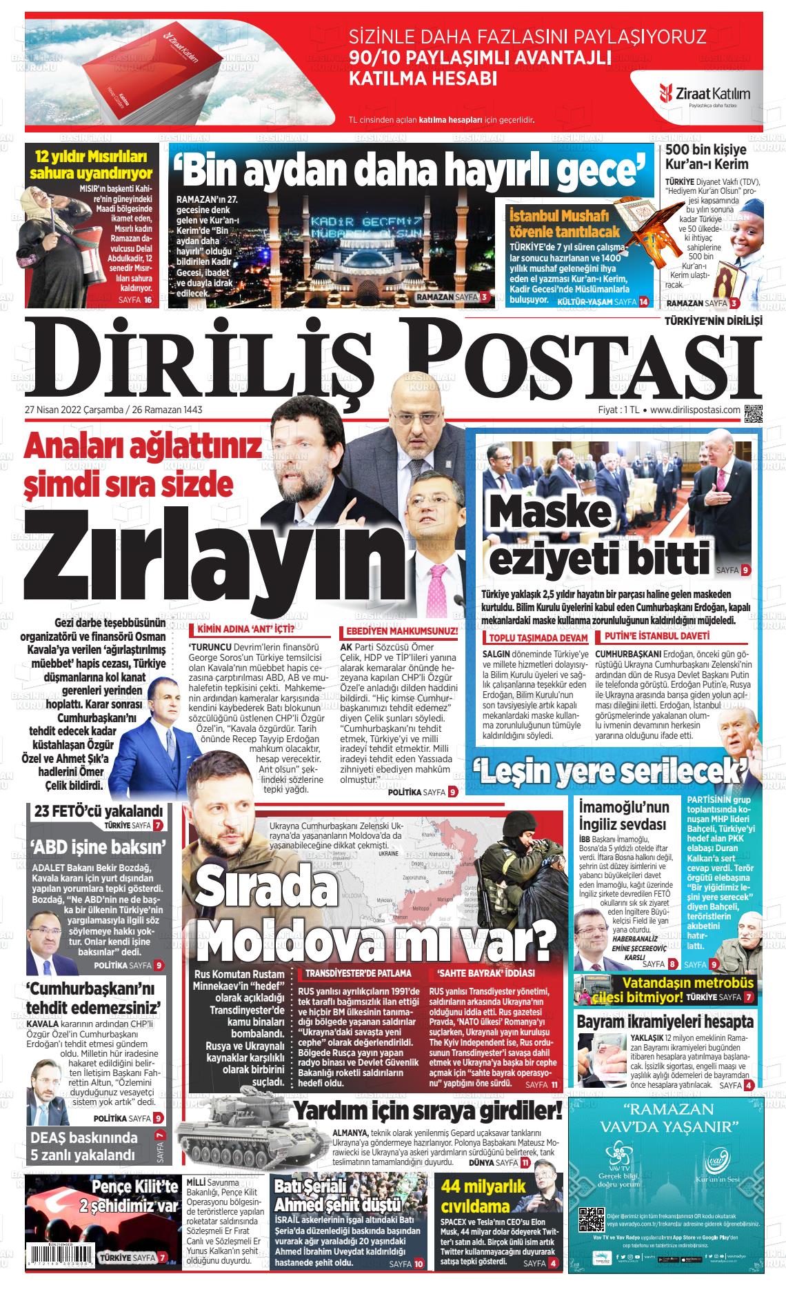 27 Nisan 2022 Diriliş Postası Gazete Manşeti