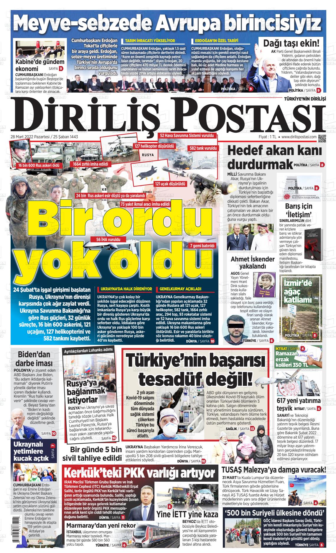 28 Mart 2022 Diriliş Postası Gazete Manşeti