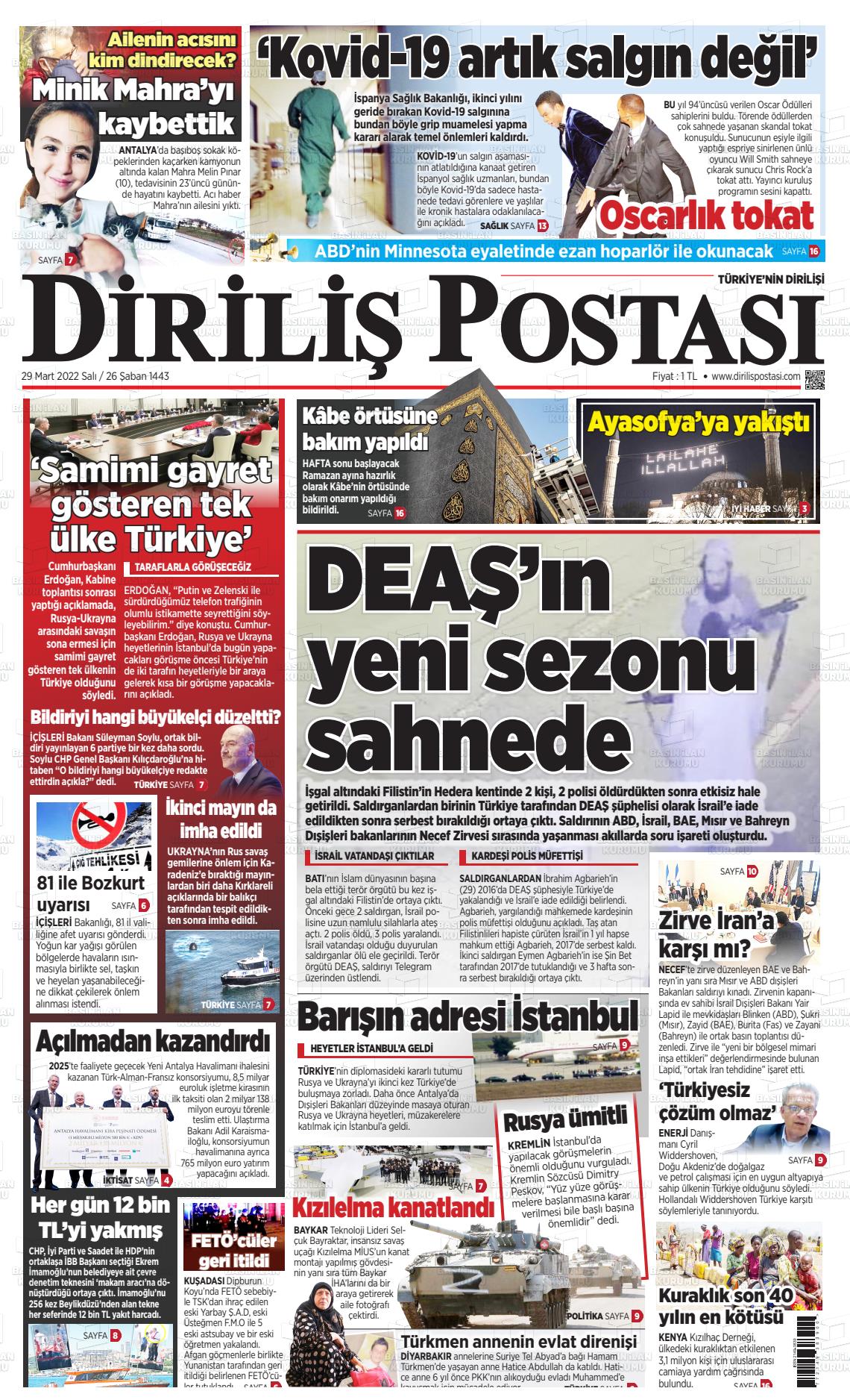 29 Mart 2022 Diriliş Postası Gazete Manşeti