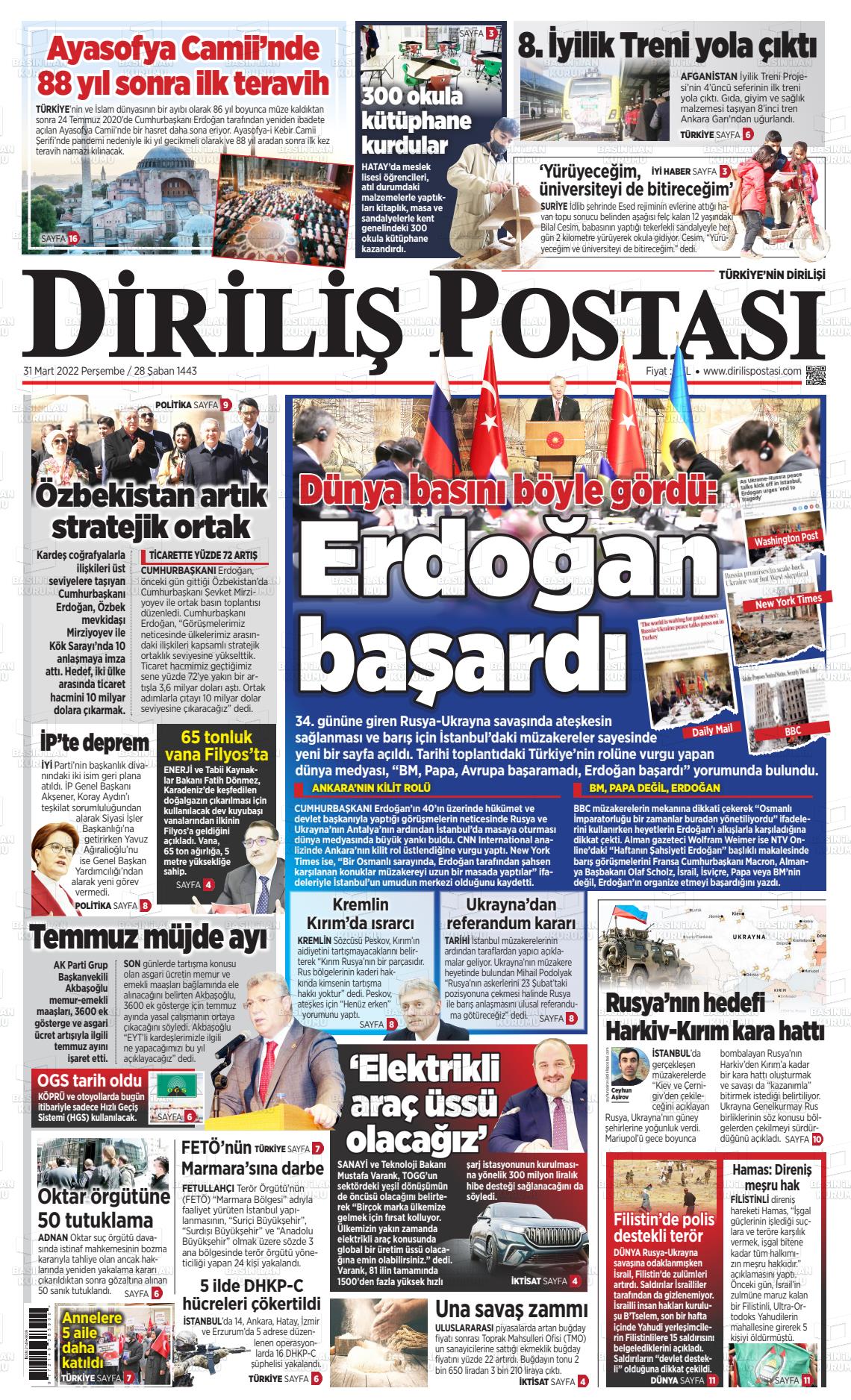 31 Mart 2022 Diriliş Postası Gazete Manşeti