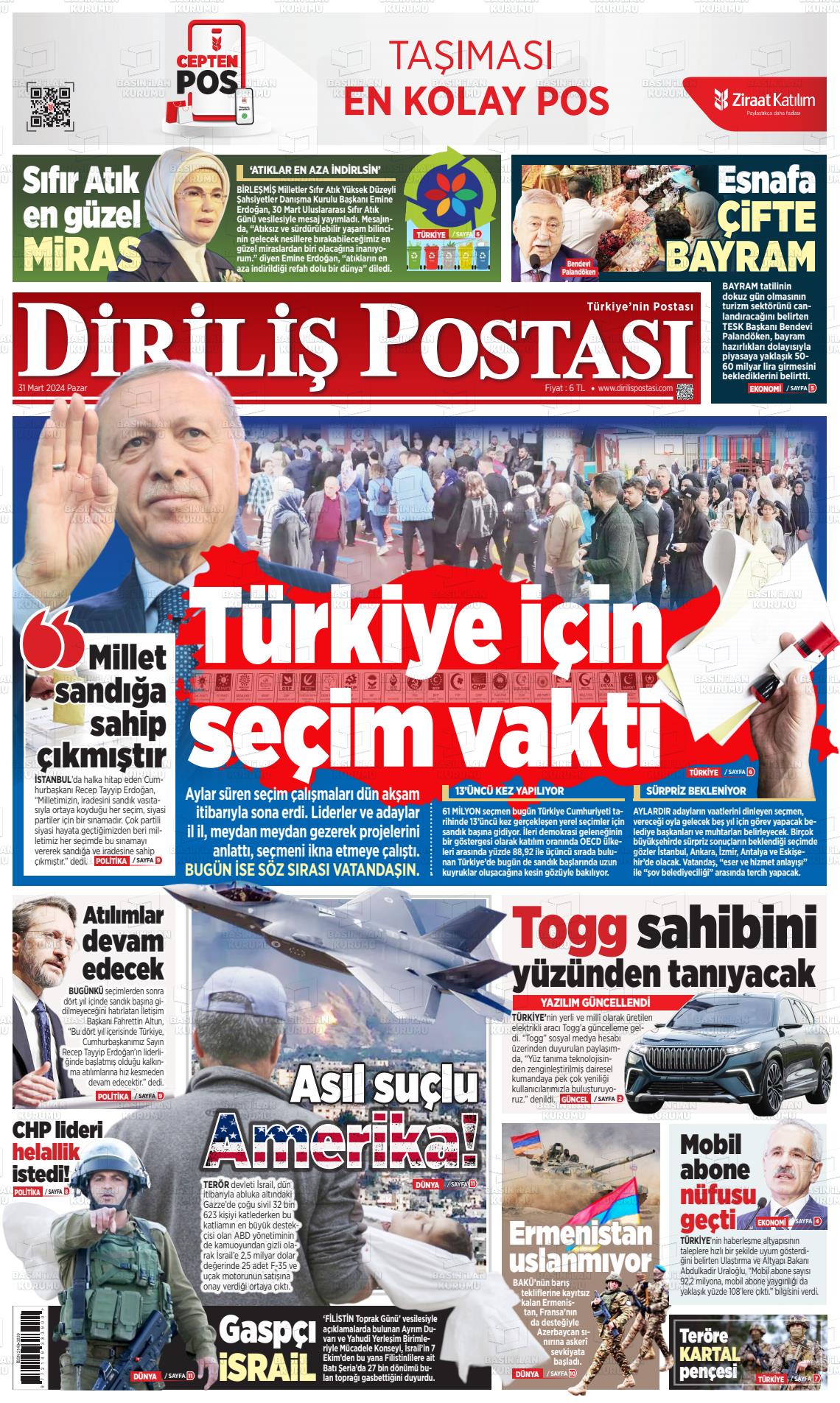 31 Mart 2024 Diriliş Postası Gazete Manşeti