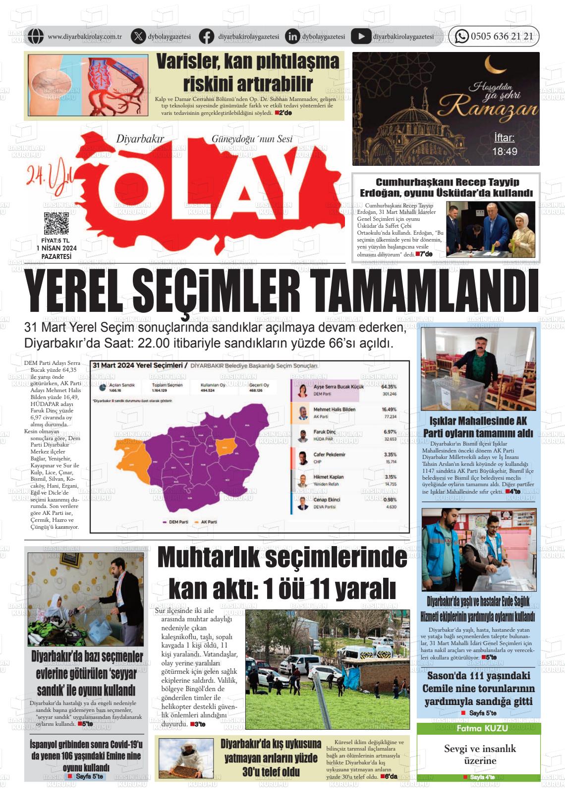 01 Nisan 2024 Diyarbakir Olay Gazete Manşeti