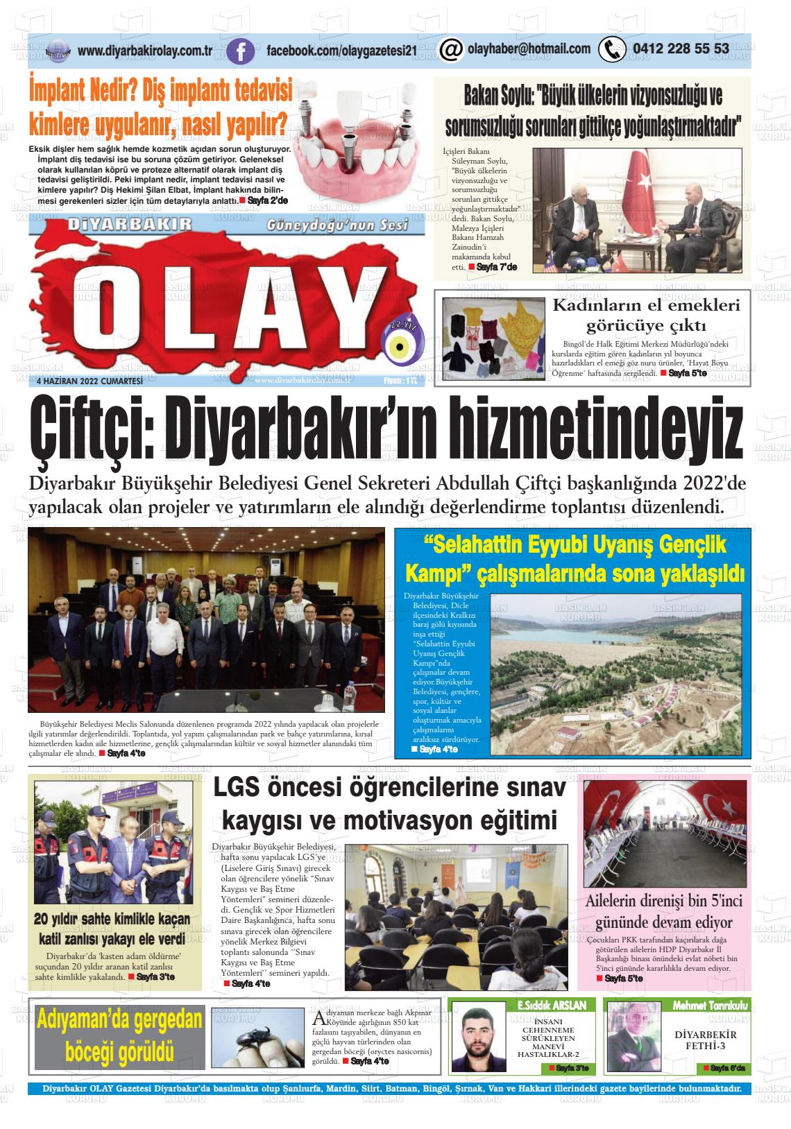 04 Haziran 2022 Diyarbakir Olay Gazete Manşeti