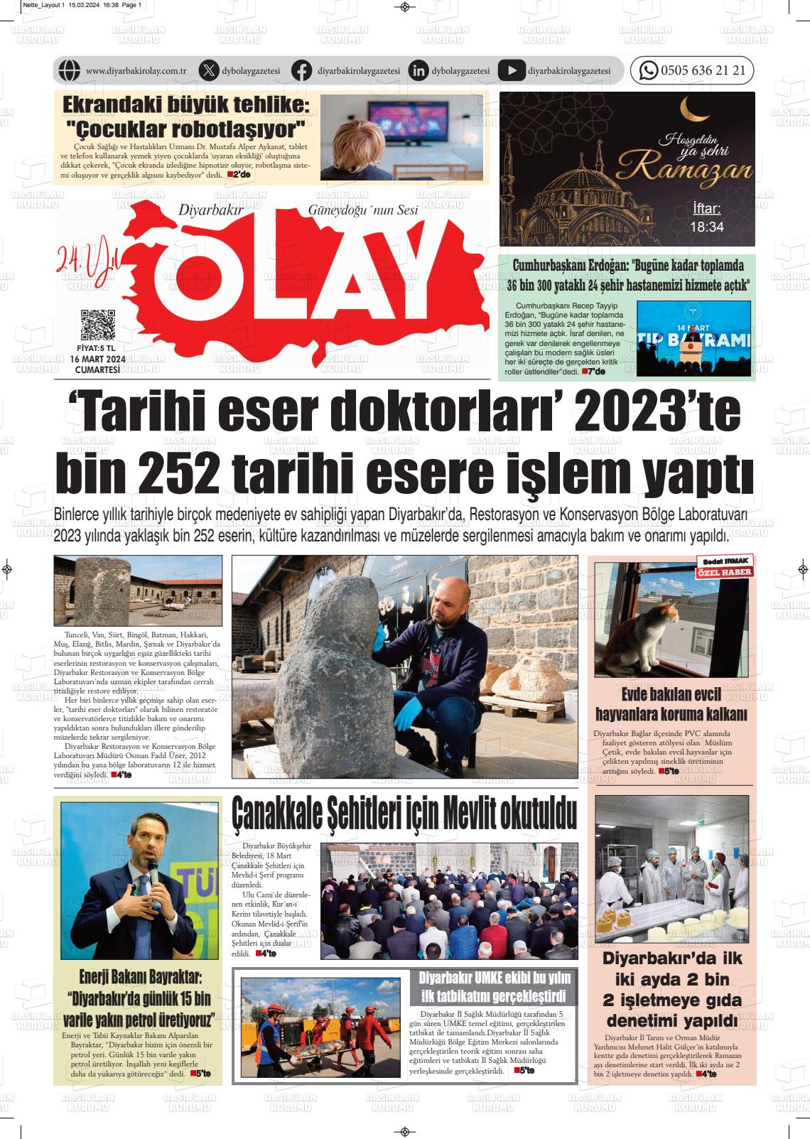 16 Mart 2024 Diyarbakir Olay Gazete Manşeti