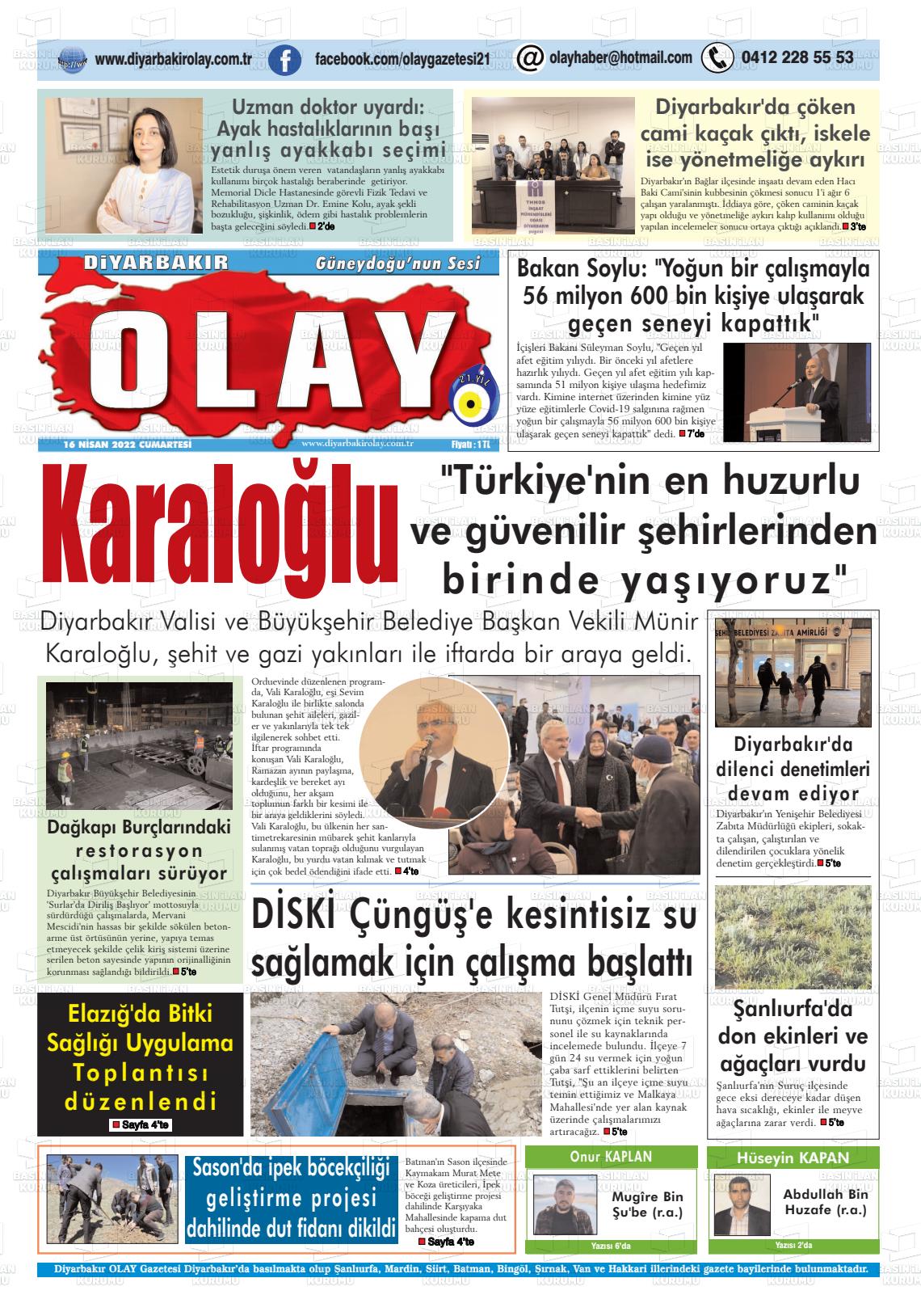 16 Nisan 2022 Diyarbakir Olay Gazete Manşeti