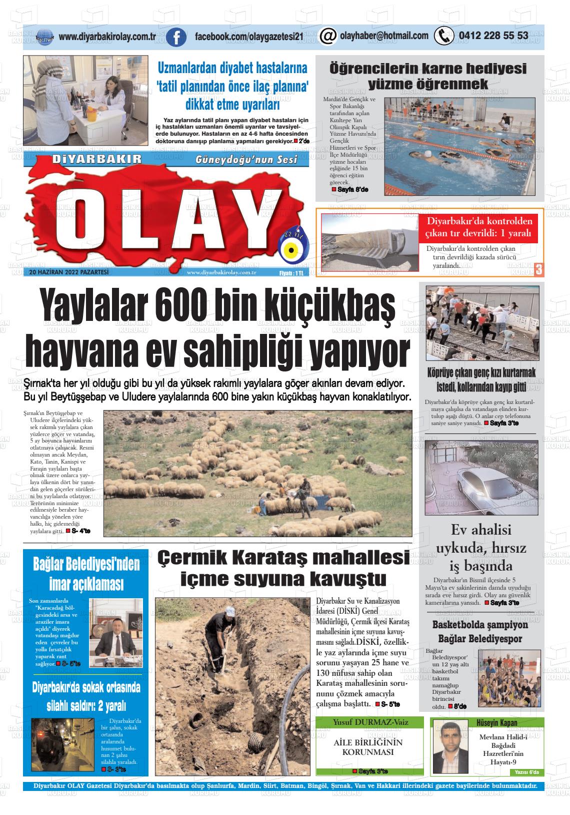 20 Haziran 2022 Diyarbakir Olay Gazete Manşeti