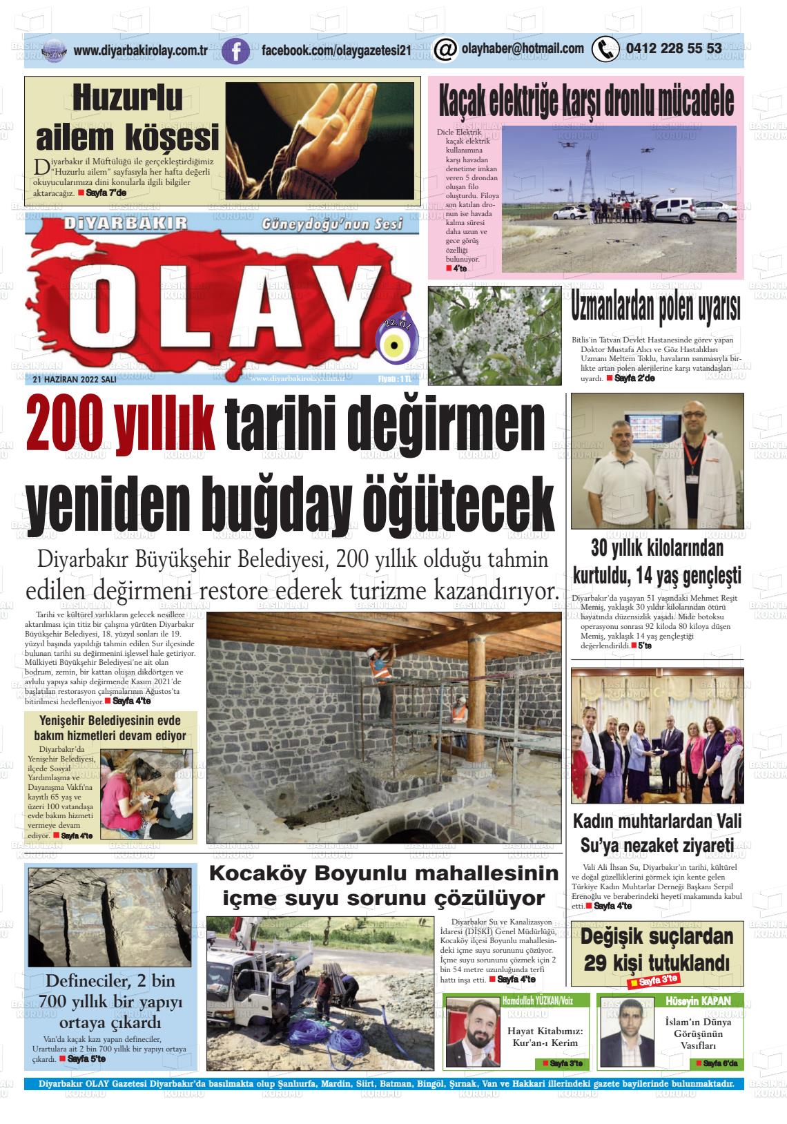 21 Haziran 2022 Diyarbakir Olay Gazete Manşeti