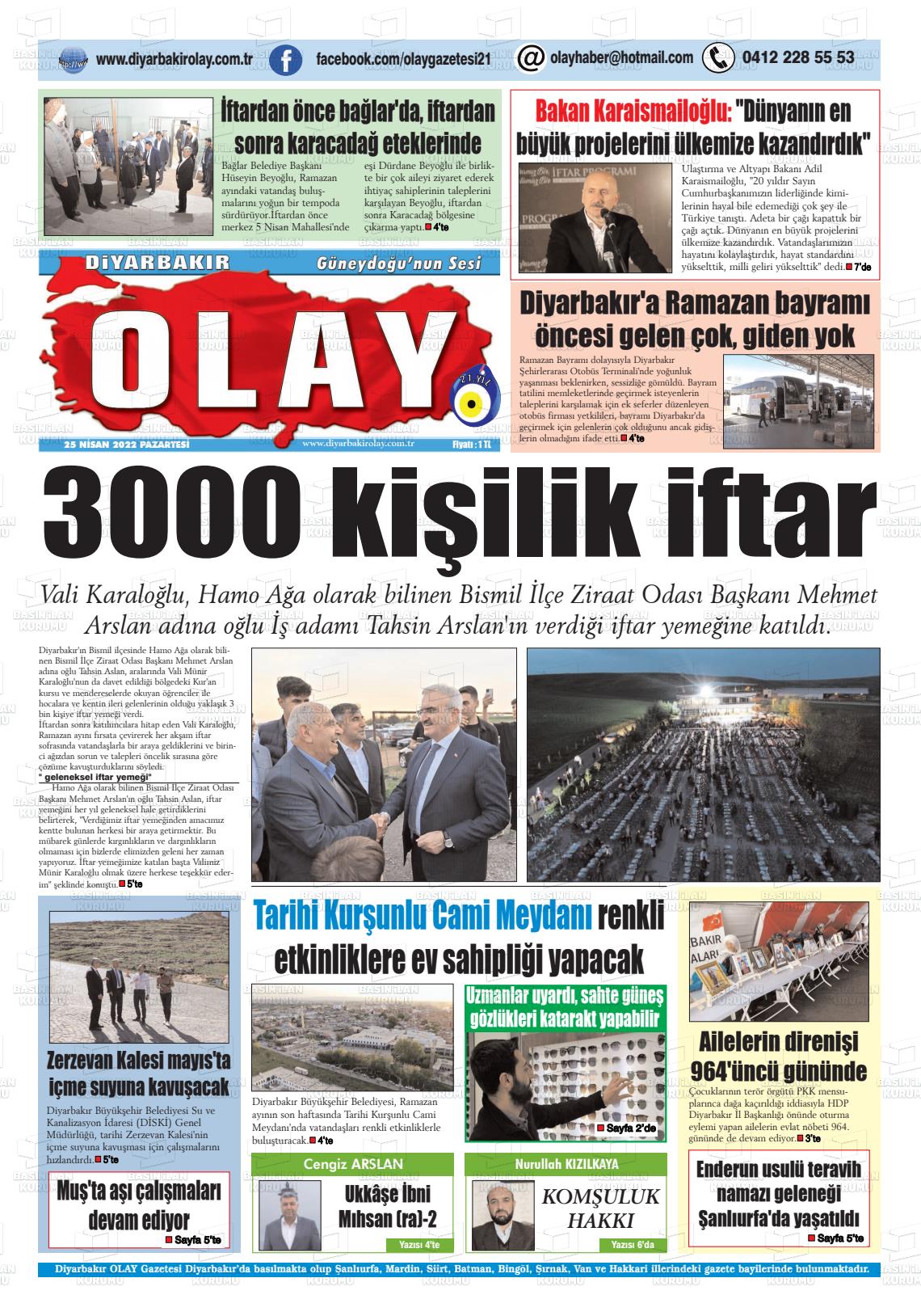 25 Nisan 2022 Diyarbakir Olay Gazete Manşeti