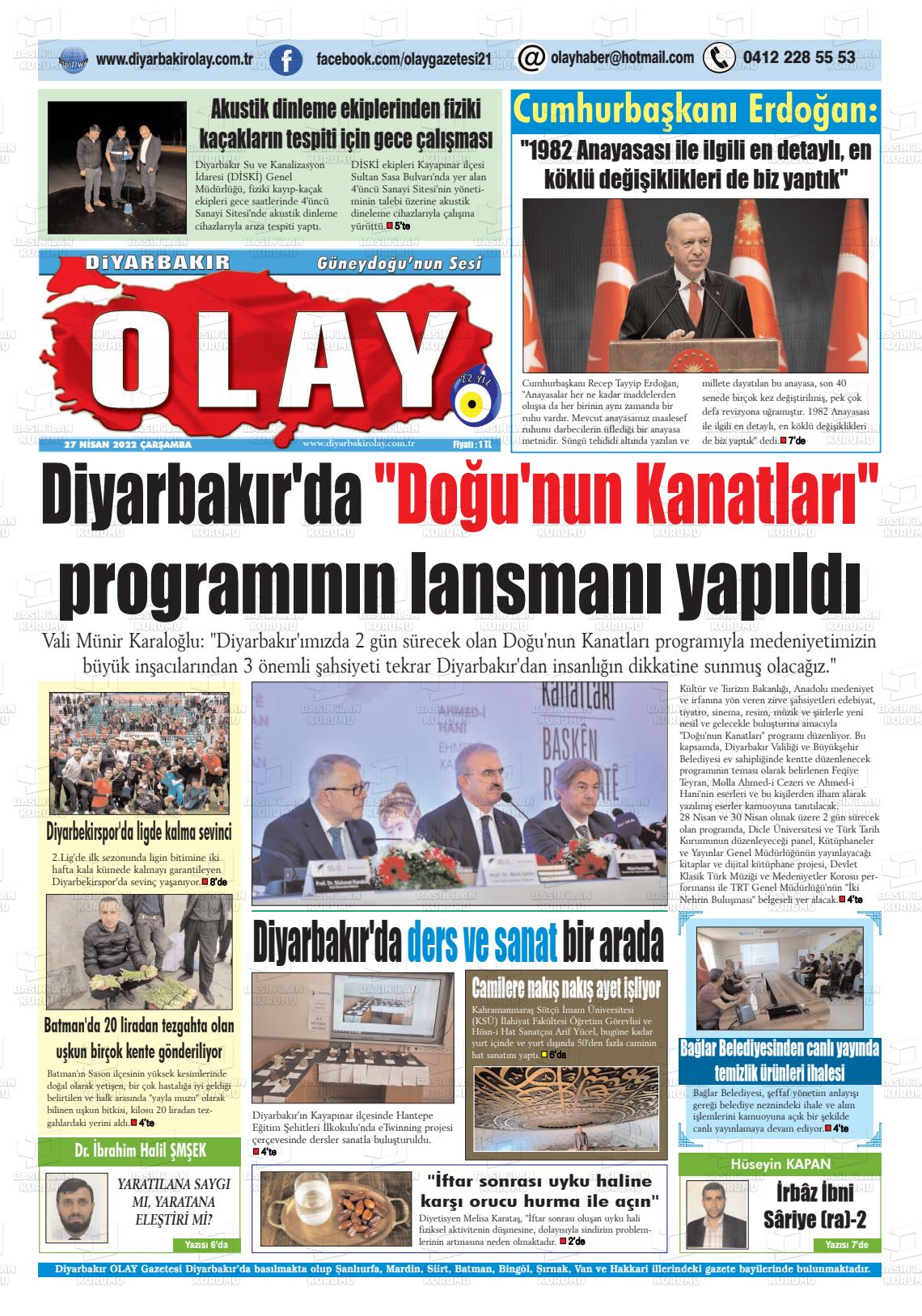 27 Nisan 2022 Diyarbakir Olay Gazete Manşeti