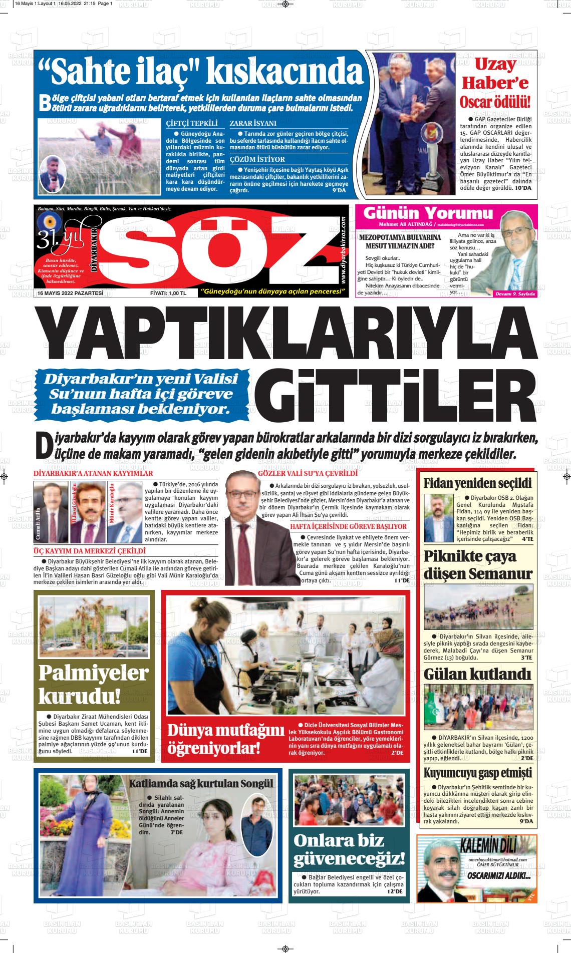 16 Mayıs 2022 Diyarbakır Söz Gazete Manşeti