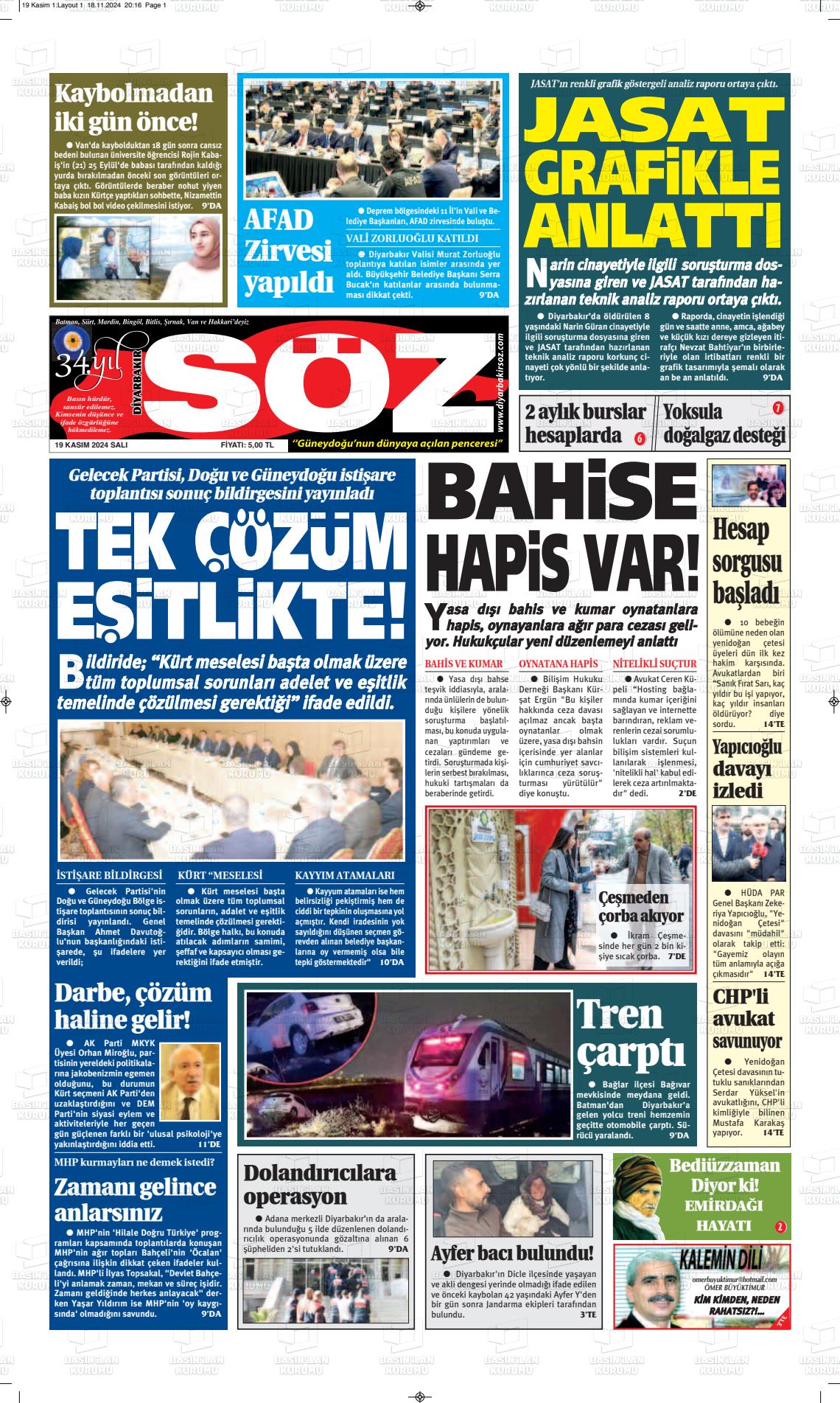 19 Kasım 2024 Diyarbakır Söz Gazete Manşeti