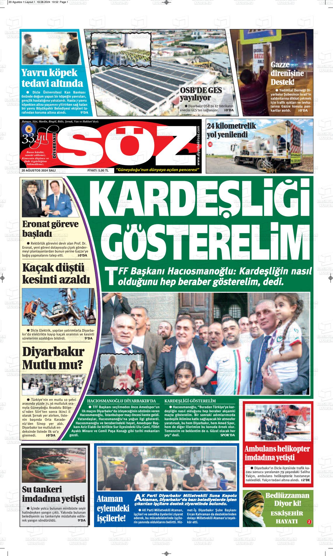 20 Ağustos 2024 Diyarbakır Söz Gazete Manşeti