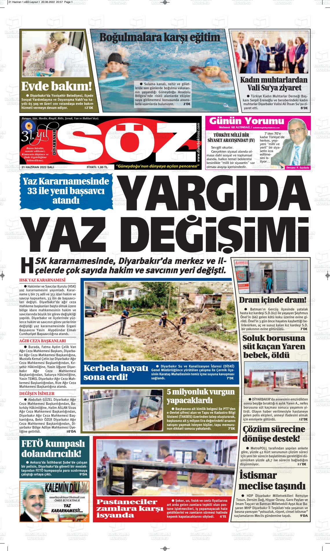 21 Haziran 2022 Diyarbakır Söz Gazete Manşeti