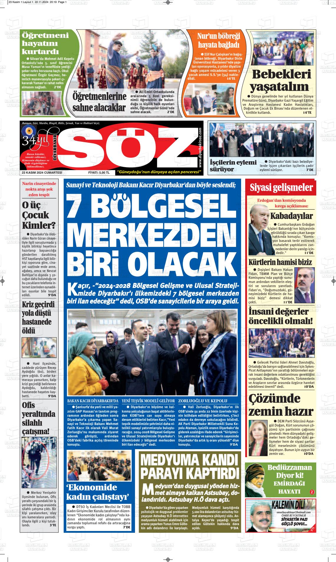 23 Kasım 2024 Diyarbakır Söz Gazete Manşeti